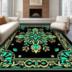 Black Teal Gold Baroque Medallion Rug