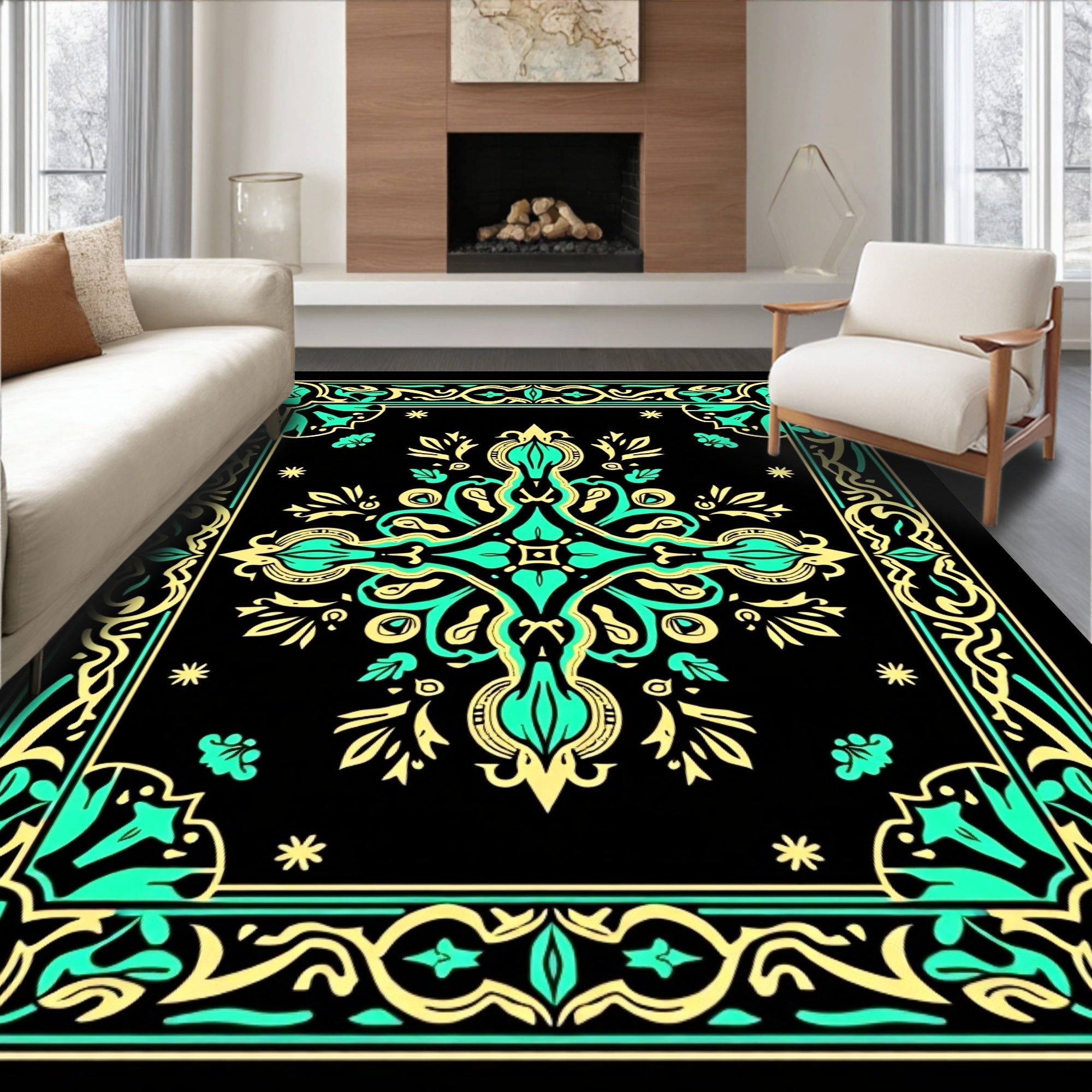Black Teal Gold Baroque Medallion Rug