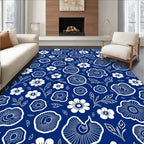 White Floral Patterned Dark Blue Rug