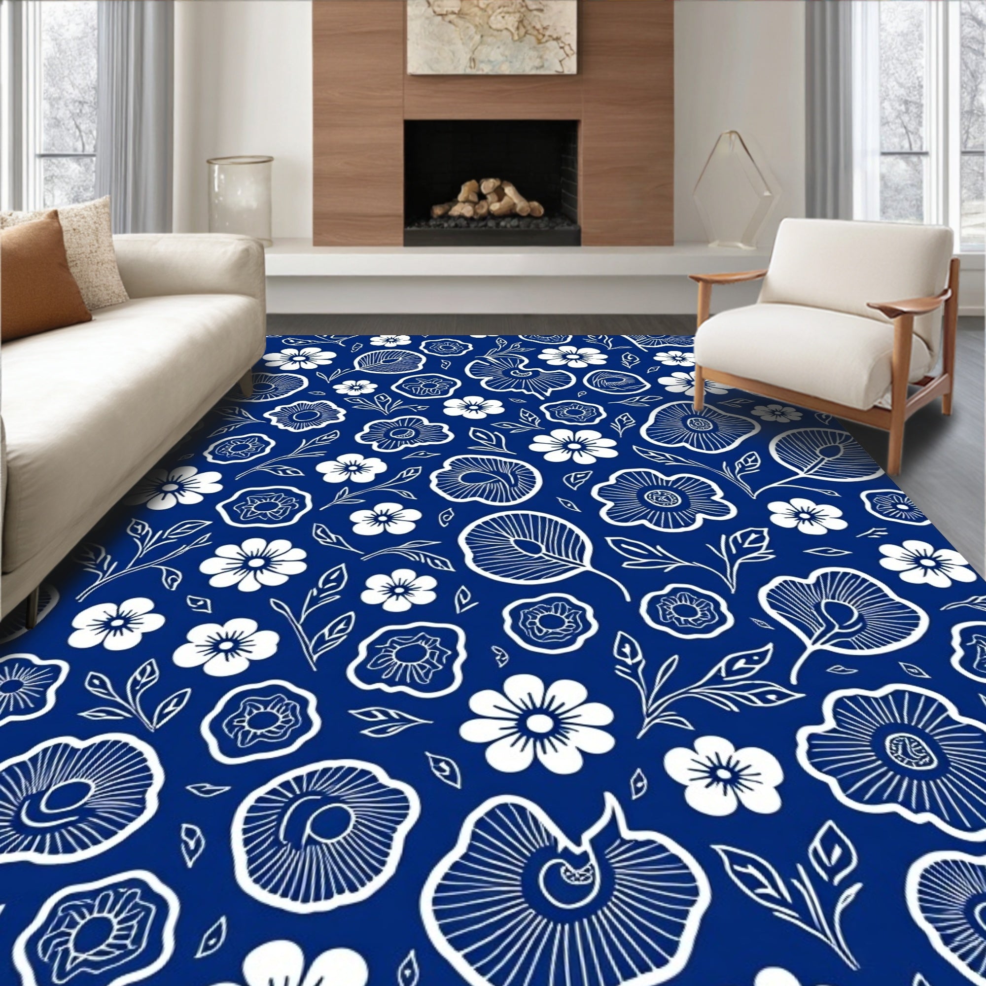 White Floral Patterned Dark Blue Rug