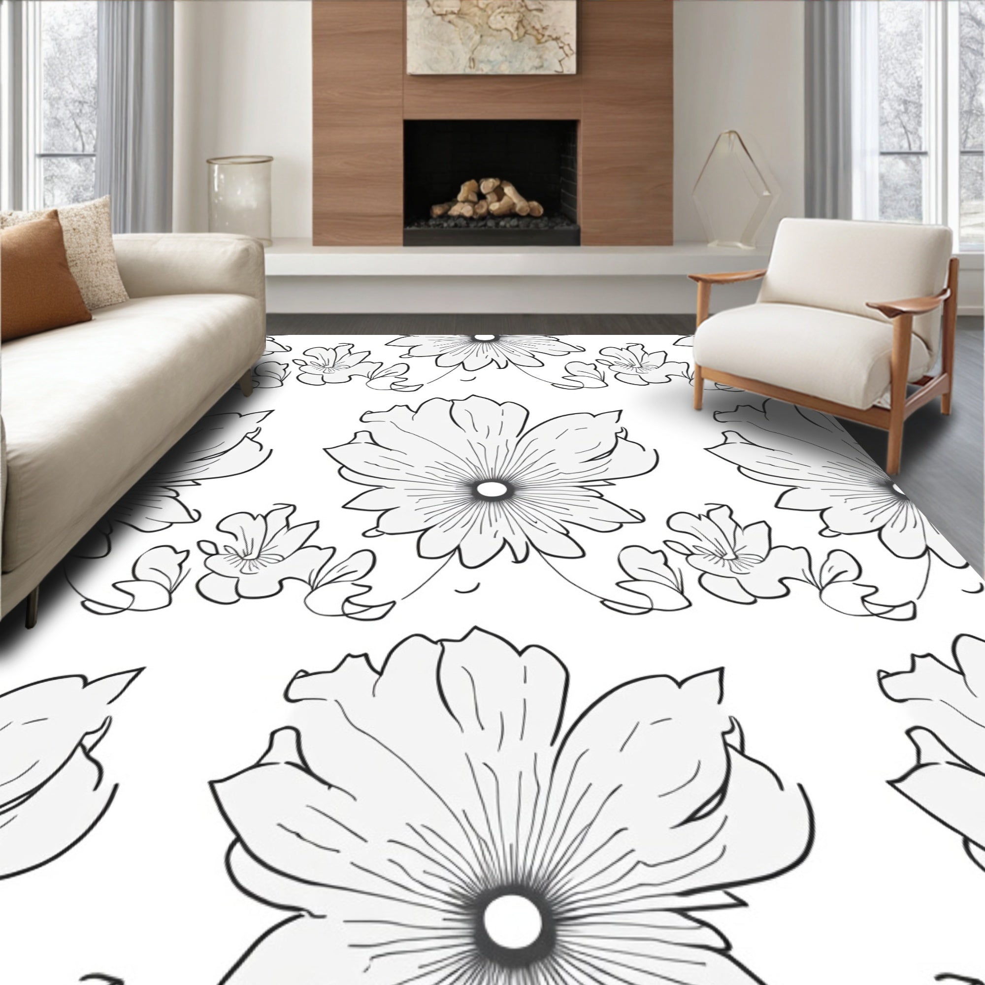 Floral Outline Sketch Pattern Rug