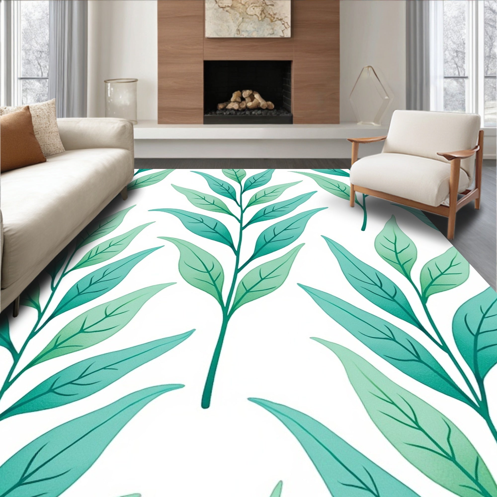 Green Leaf Branch Pattern Rug