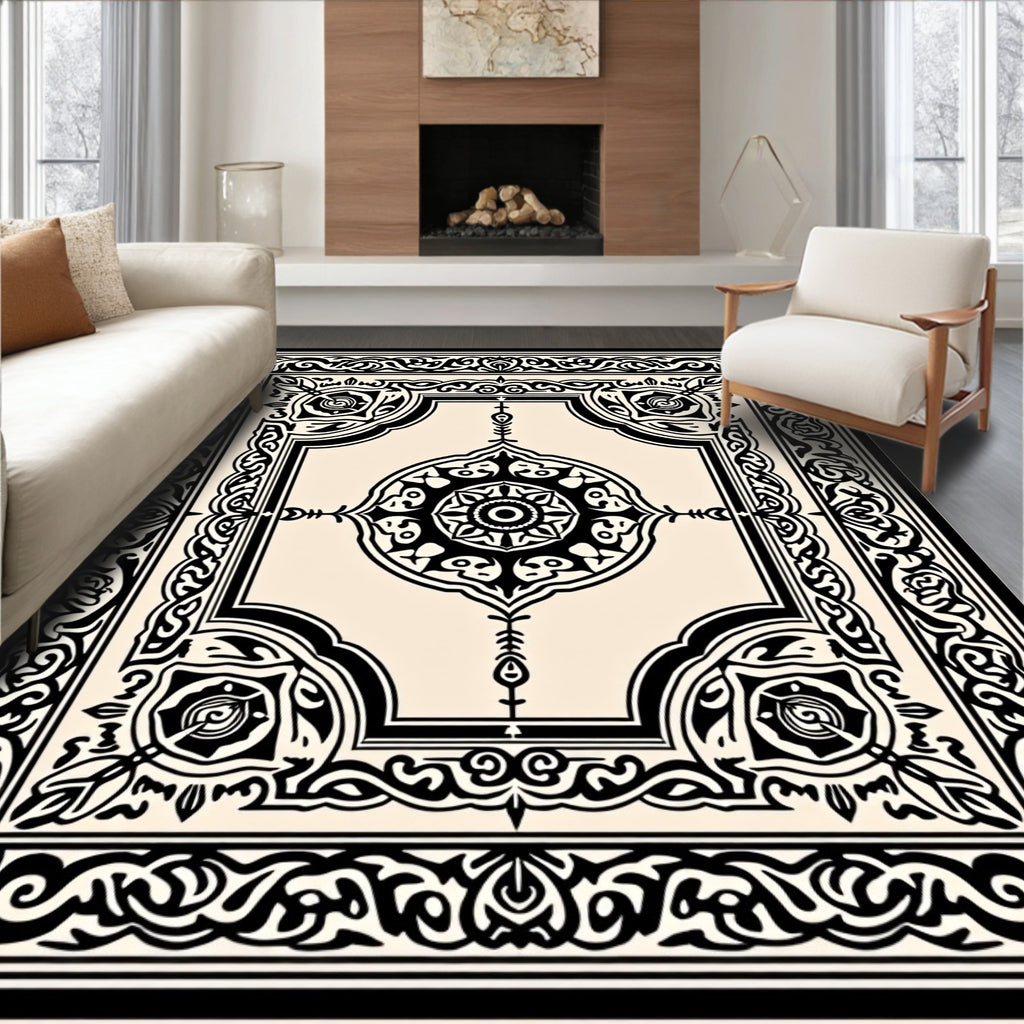 Classic Black Ivory Floral Mandala Design Rug