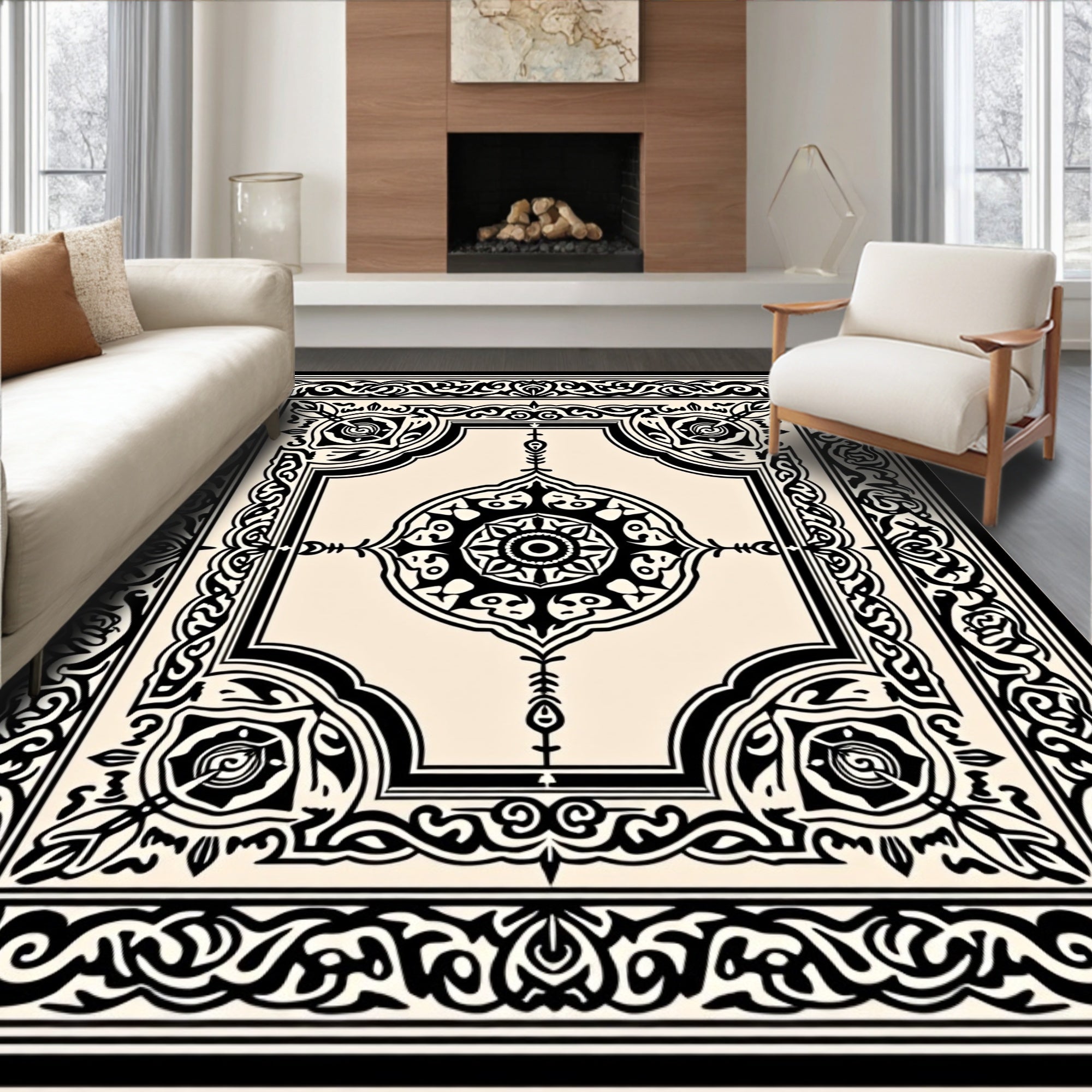 Classic Black Ivory Floral Mandala Design Rug