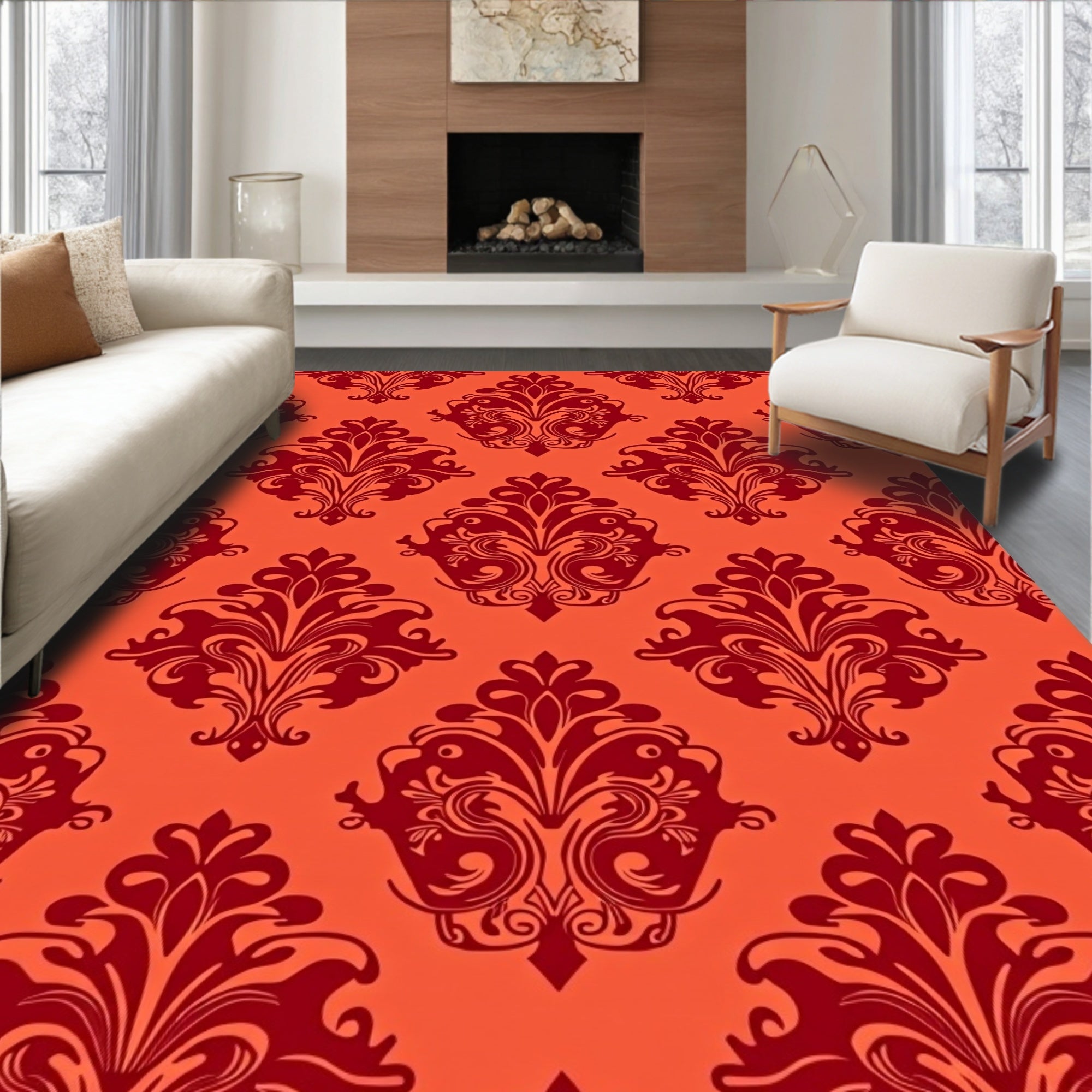 Red Damask Classic Pattern Rug