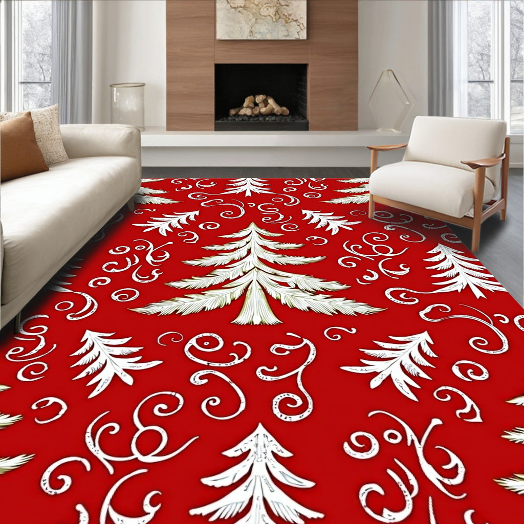 Festive Red Pine Tree Swirls Rug