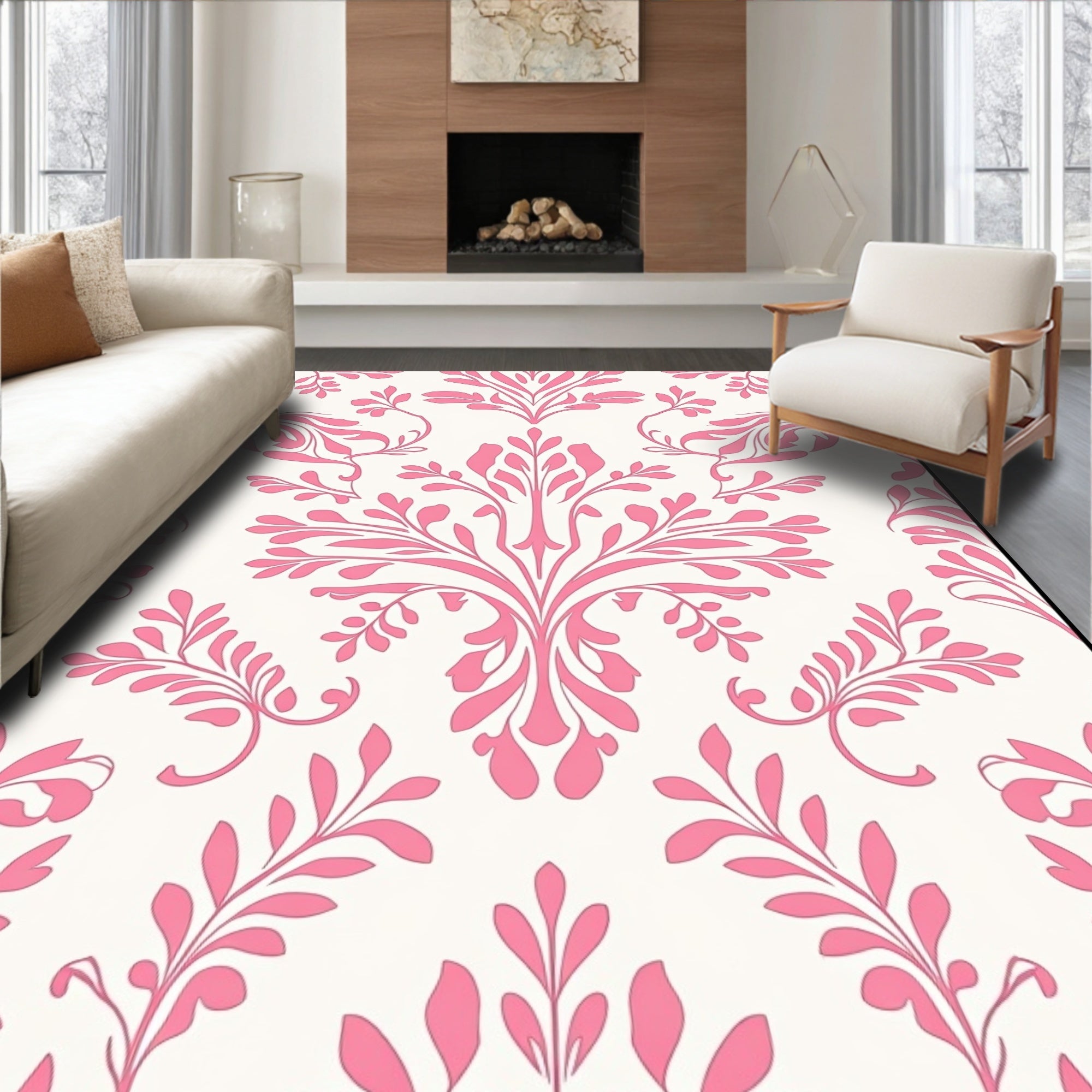 Ornate Pink Floral Damask Design Rug