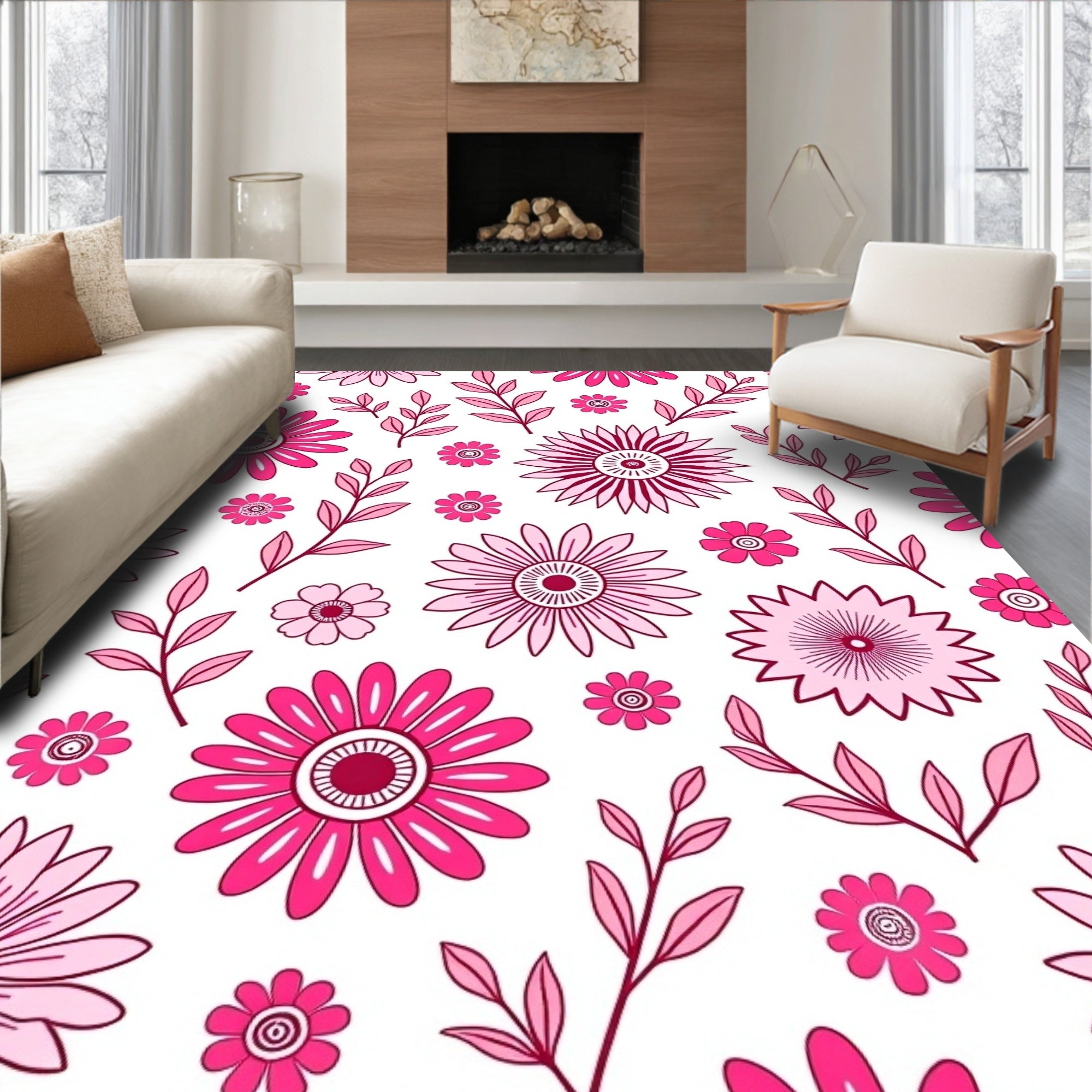 Bold Pink Floral Pattern Rug