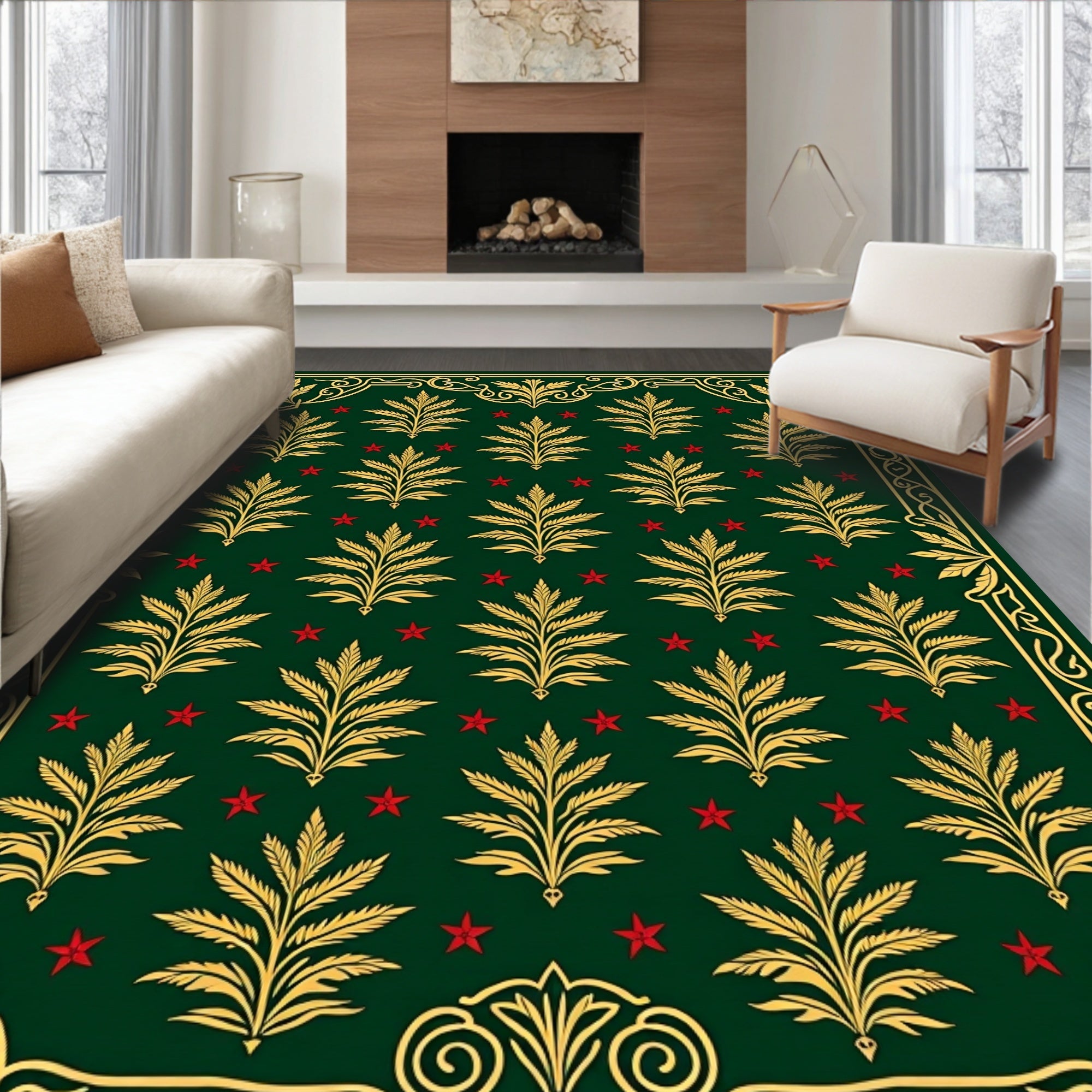 Emerald Green Golden Leaf Red Star Rug