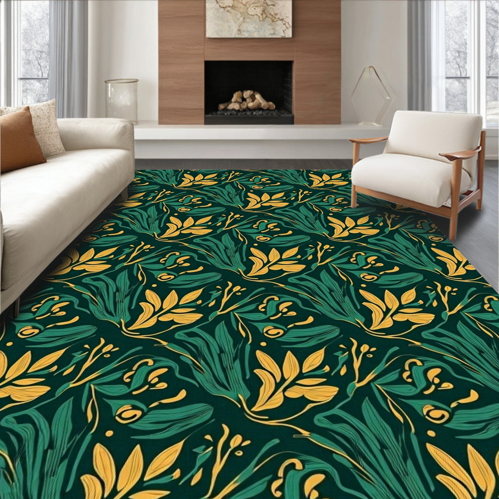 Lush Emerald Gold Floral Pattern Rug