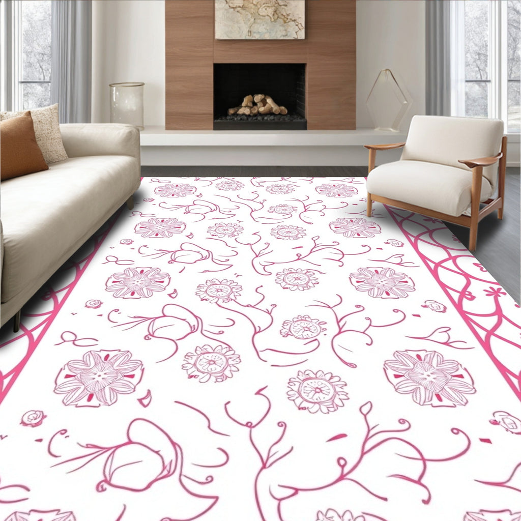 Pink Floral Vine Outline Design Rug