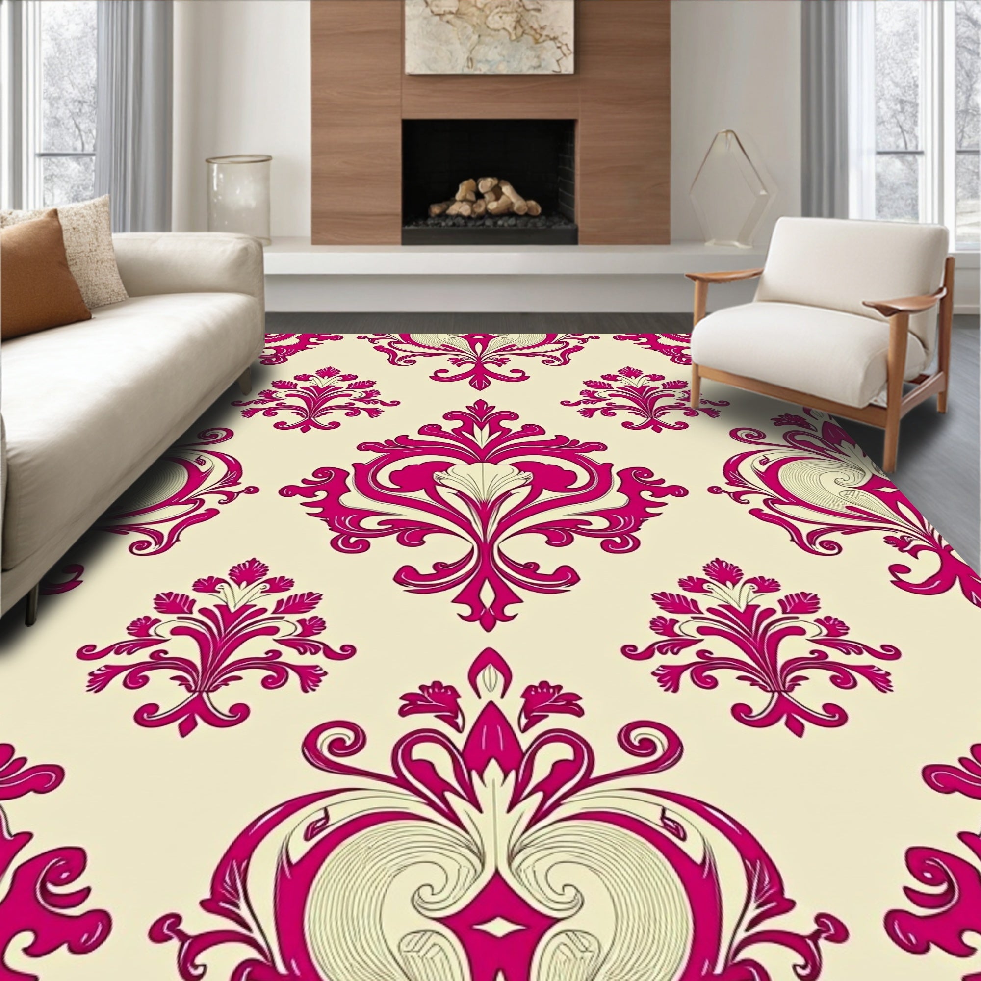 Ornate Magenta Damask Patterned Rug