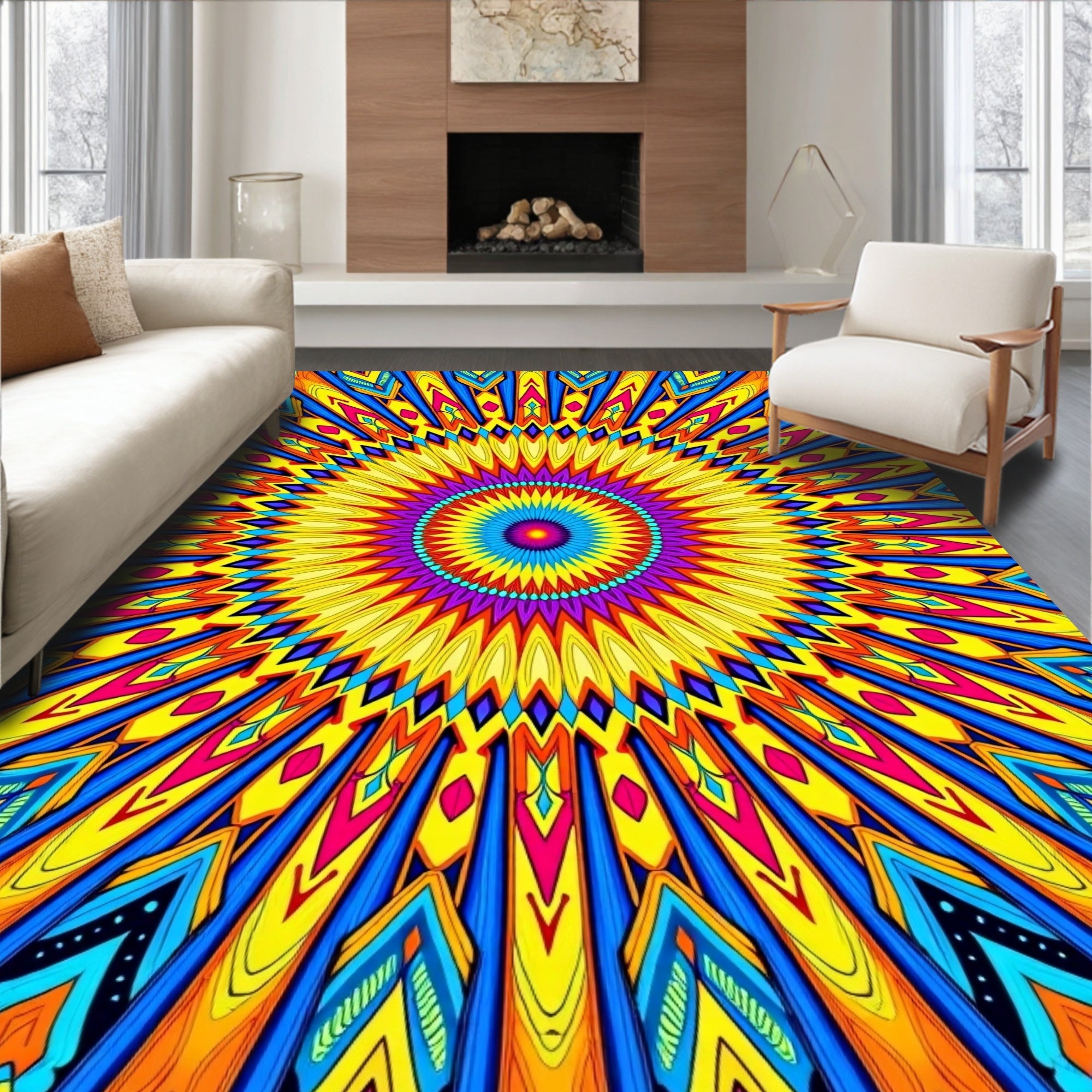 Bright Psychedelic Sunburst Mandala Pattern Rug