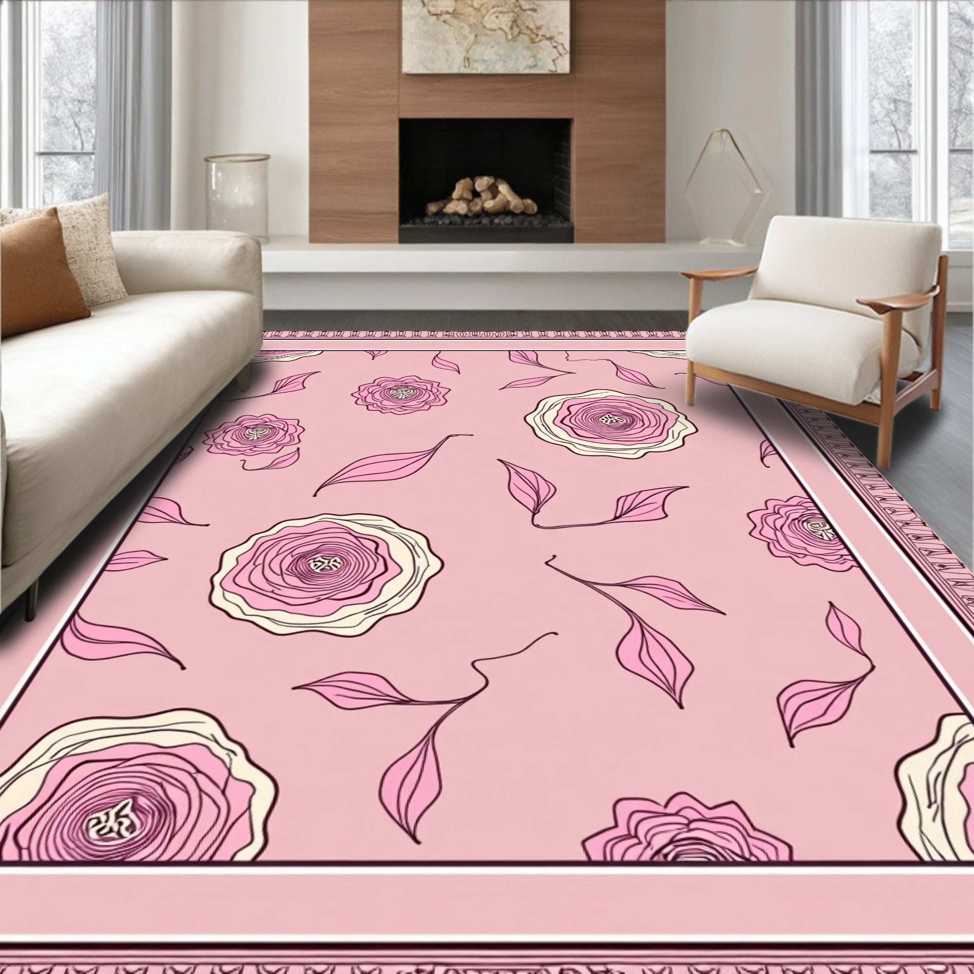 Rosy Pink Floral Sketch Meadow Rug