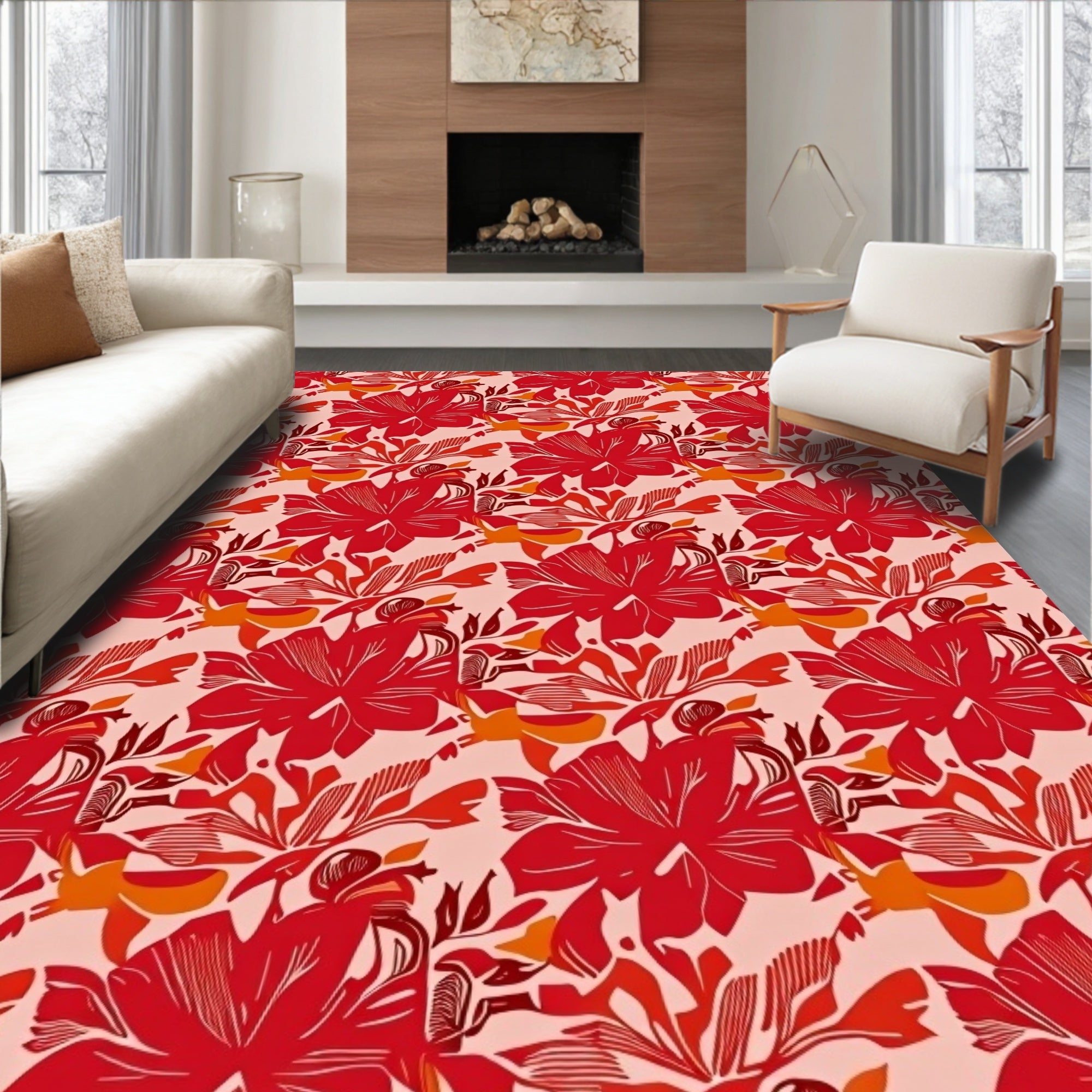Red Floral Tropical Pattern Rug