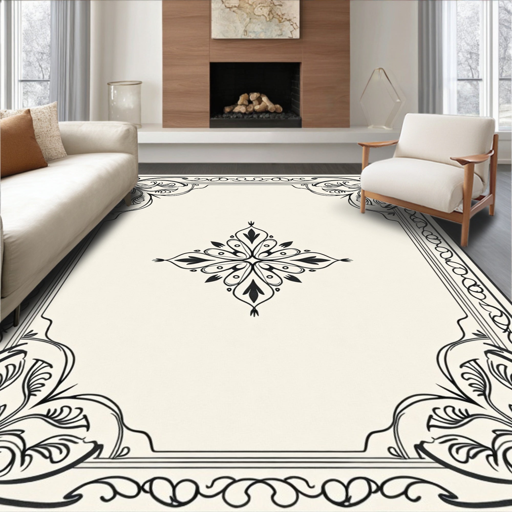 Elegant Floral Scrollwork Framed Design Rug