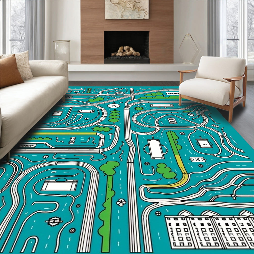 Whimsical Teal City Maze Art Rug