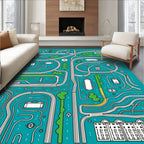 Whimsical Teal City Maze Art Rug