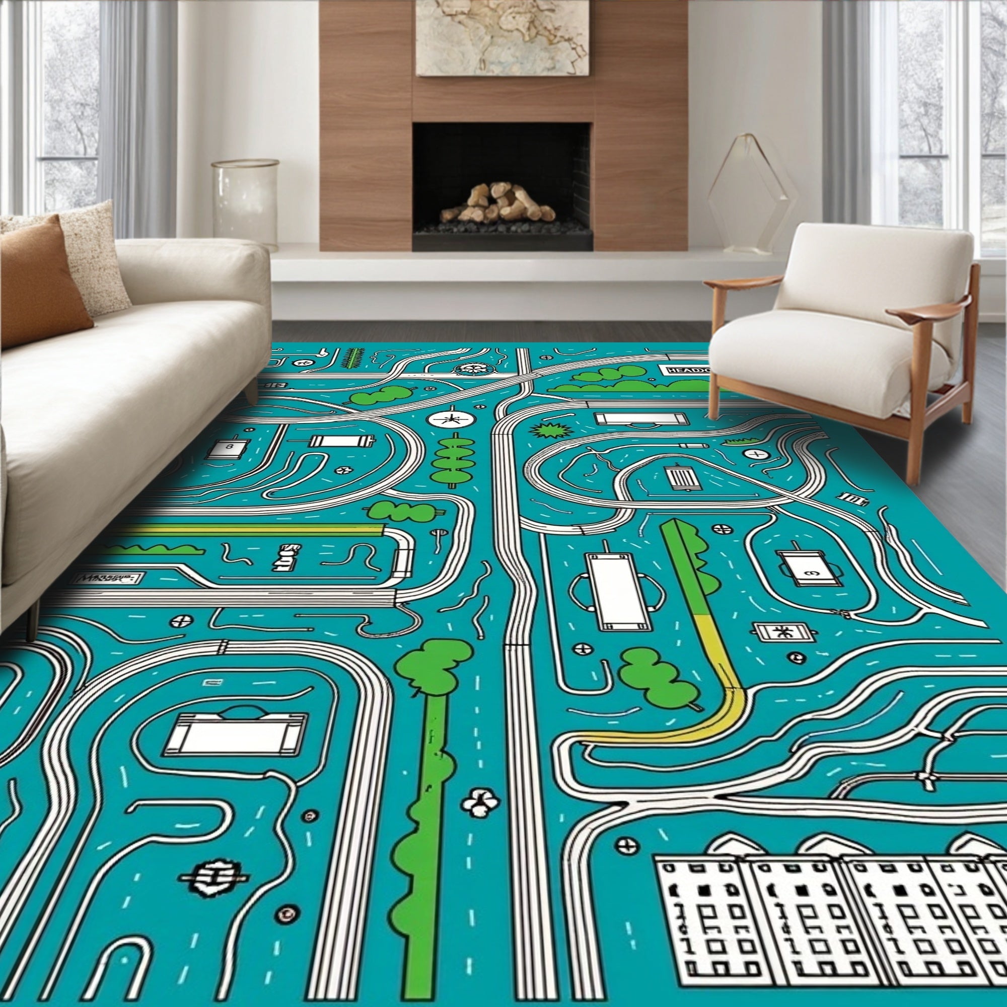 Whimsical Teal City Maze Art Rug