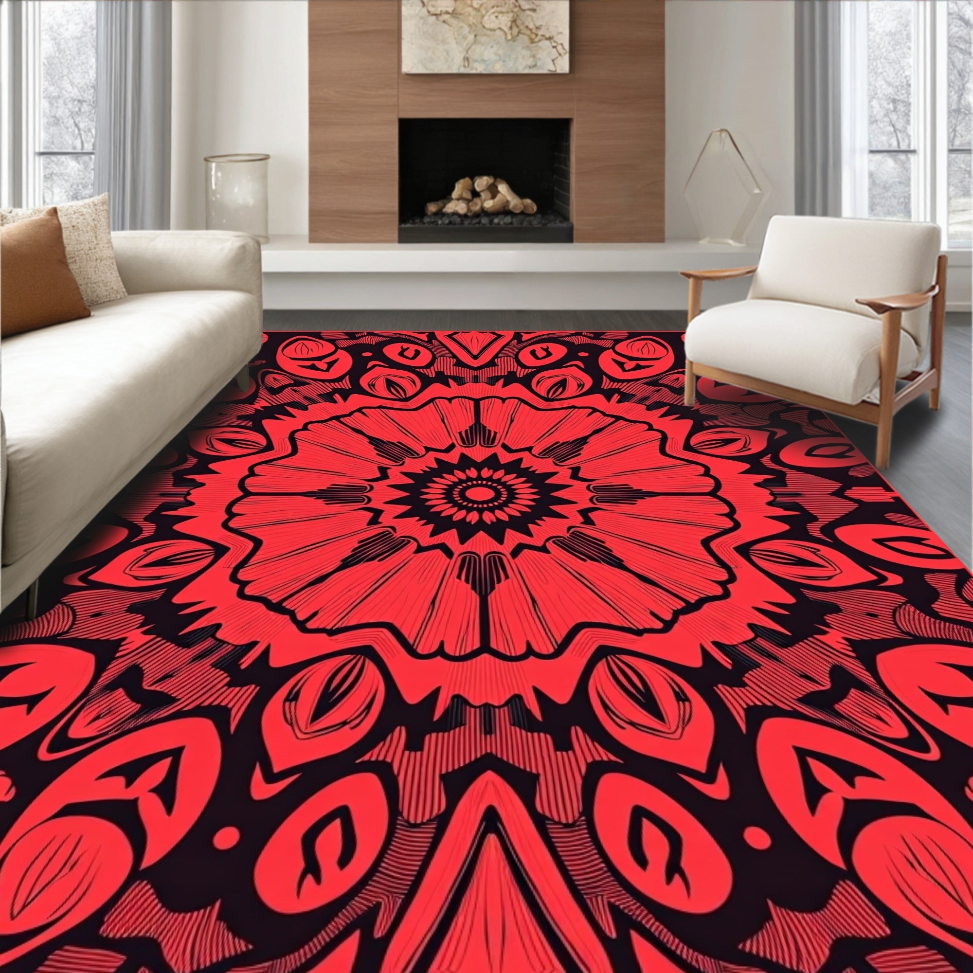 Striking Red Floral Sunburst Pattern Rug