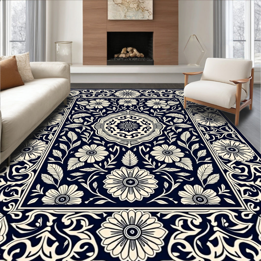 Classic Floral Scrollwork Navy Rug
