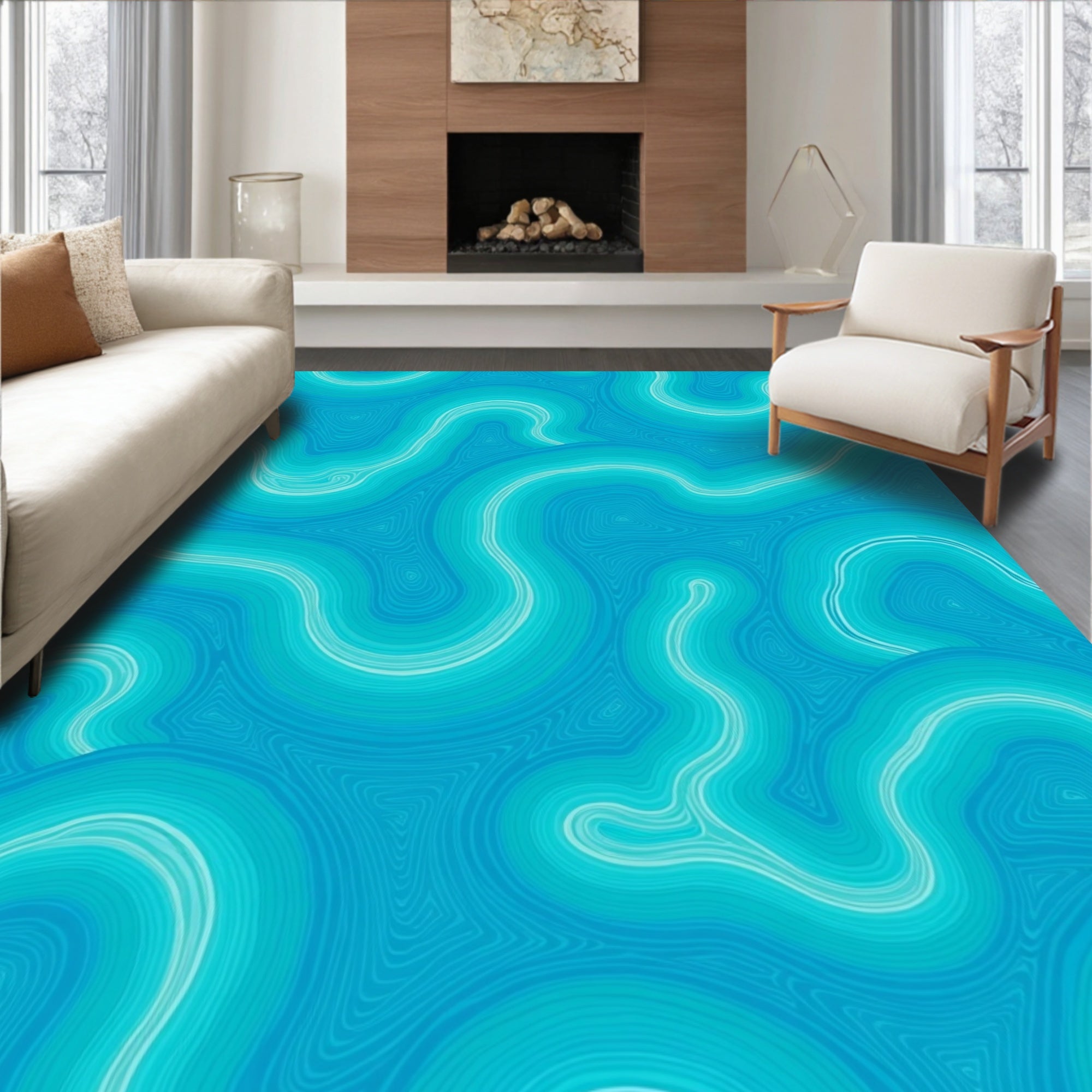 Blue Wavy Agate Inspired Pattern Rug