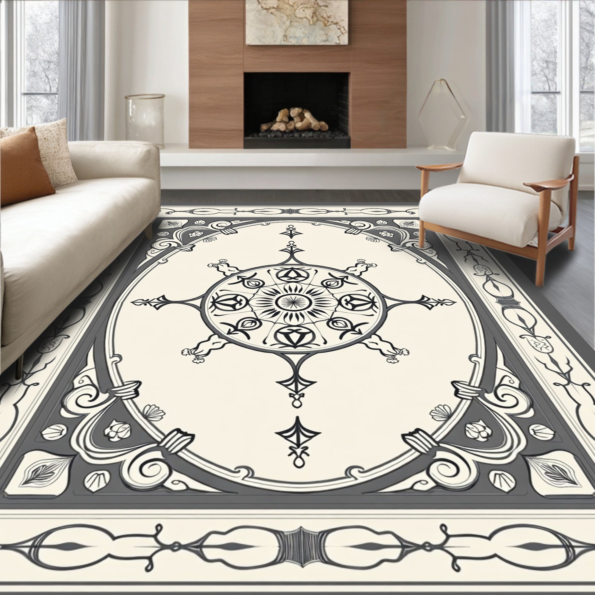 Elegant Monochrome Medallion Ornamental Design Rug