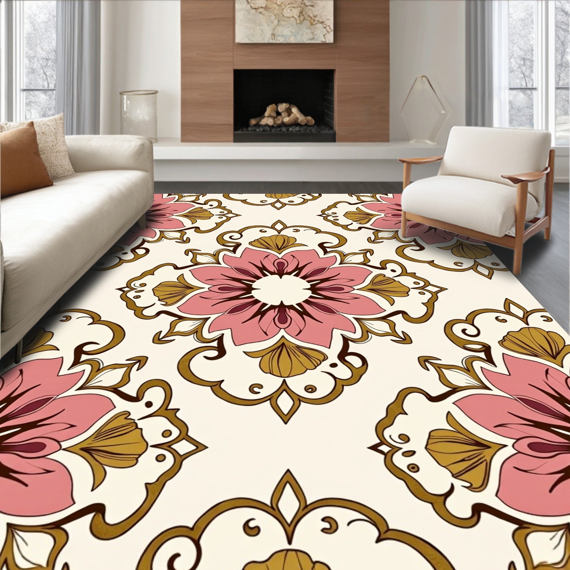 Pink Floral Damask Inspired Pattern Rug