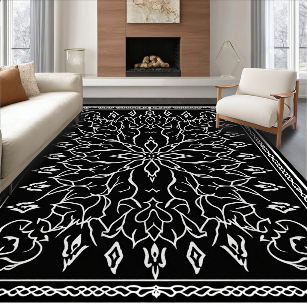 Ornate Black White Floral Vine Rug