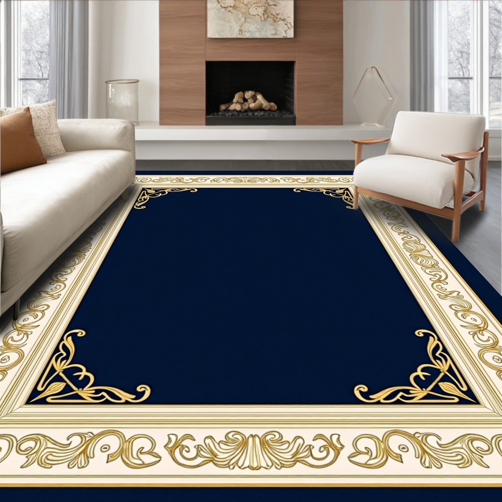Elegant Gold Rococo Swirl Border Rug