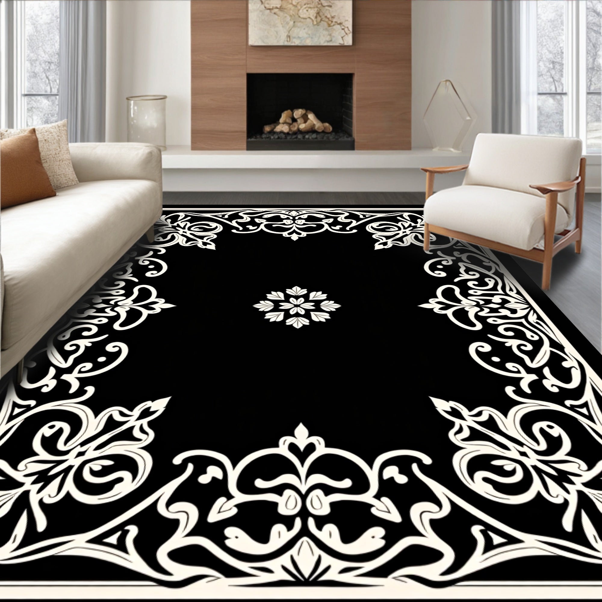 Ornate Floral Scrollwork Frame Design Rug