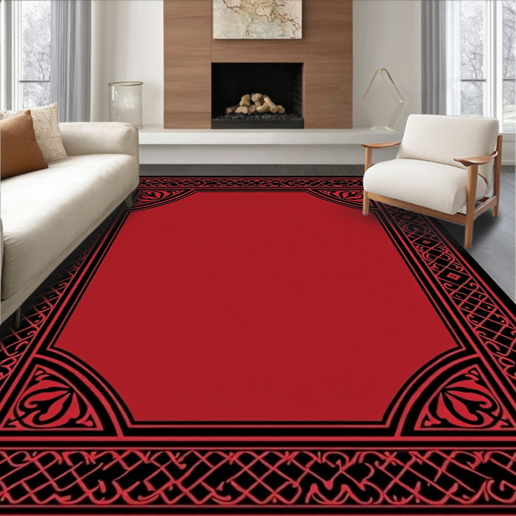 Ornate Red Black Border Pattern Rug