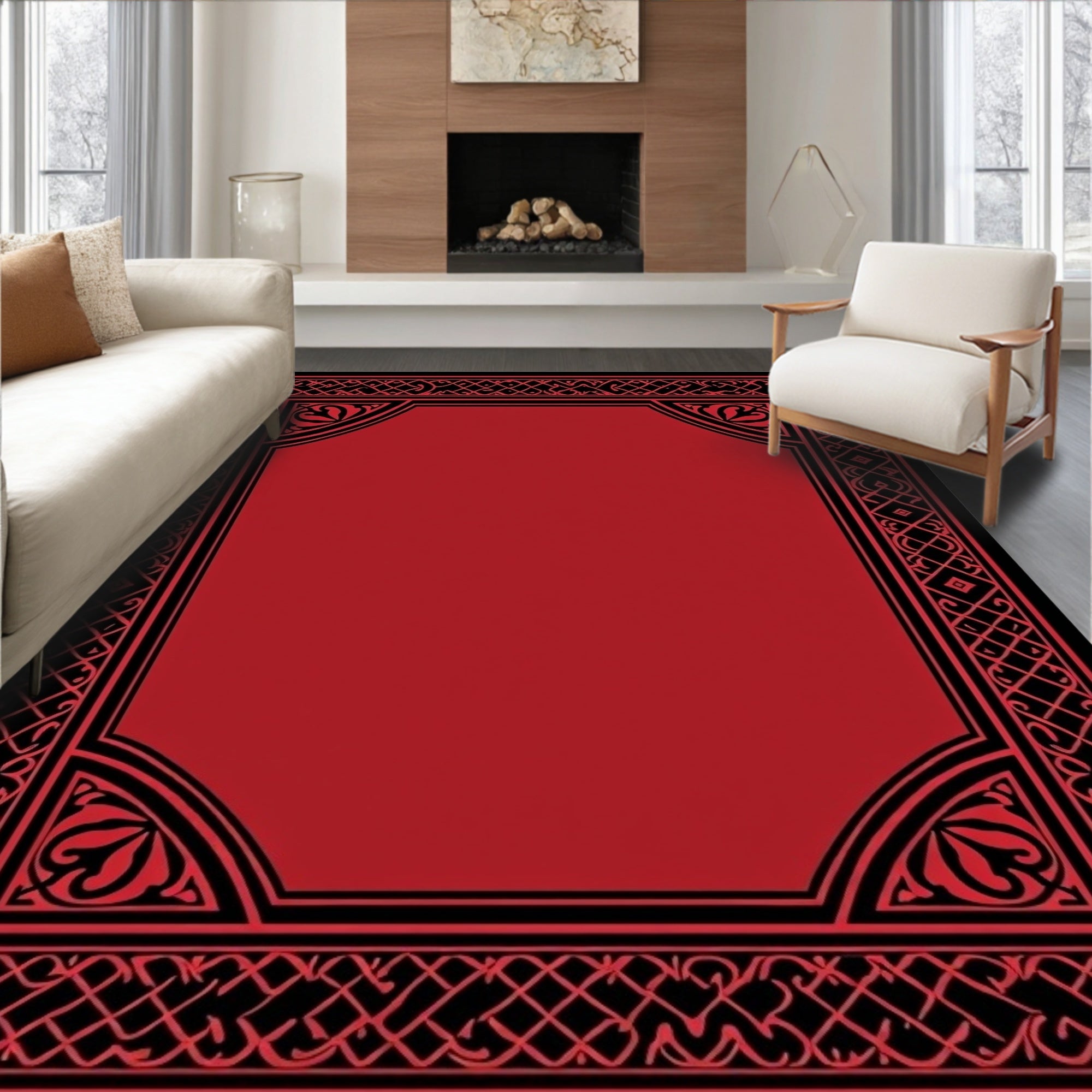 Ornate Red Black Border Pattern Rug