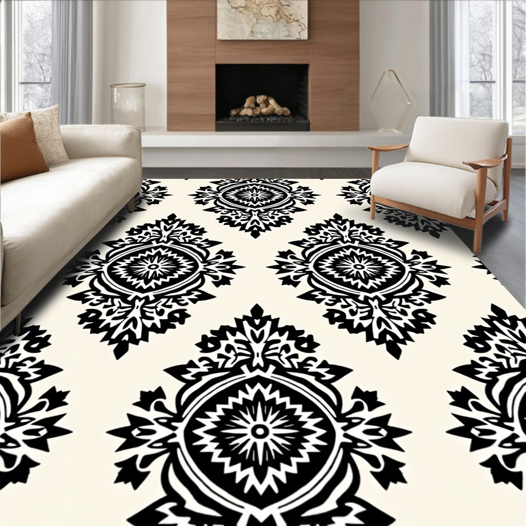 Classic Black White Damask Pattern Rug