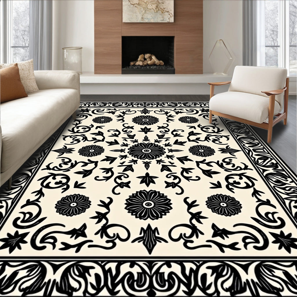 Intricate Floral Mandala Black and White Rug
