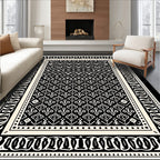 Intricate Black White Geometric Border Design Rug