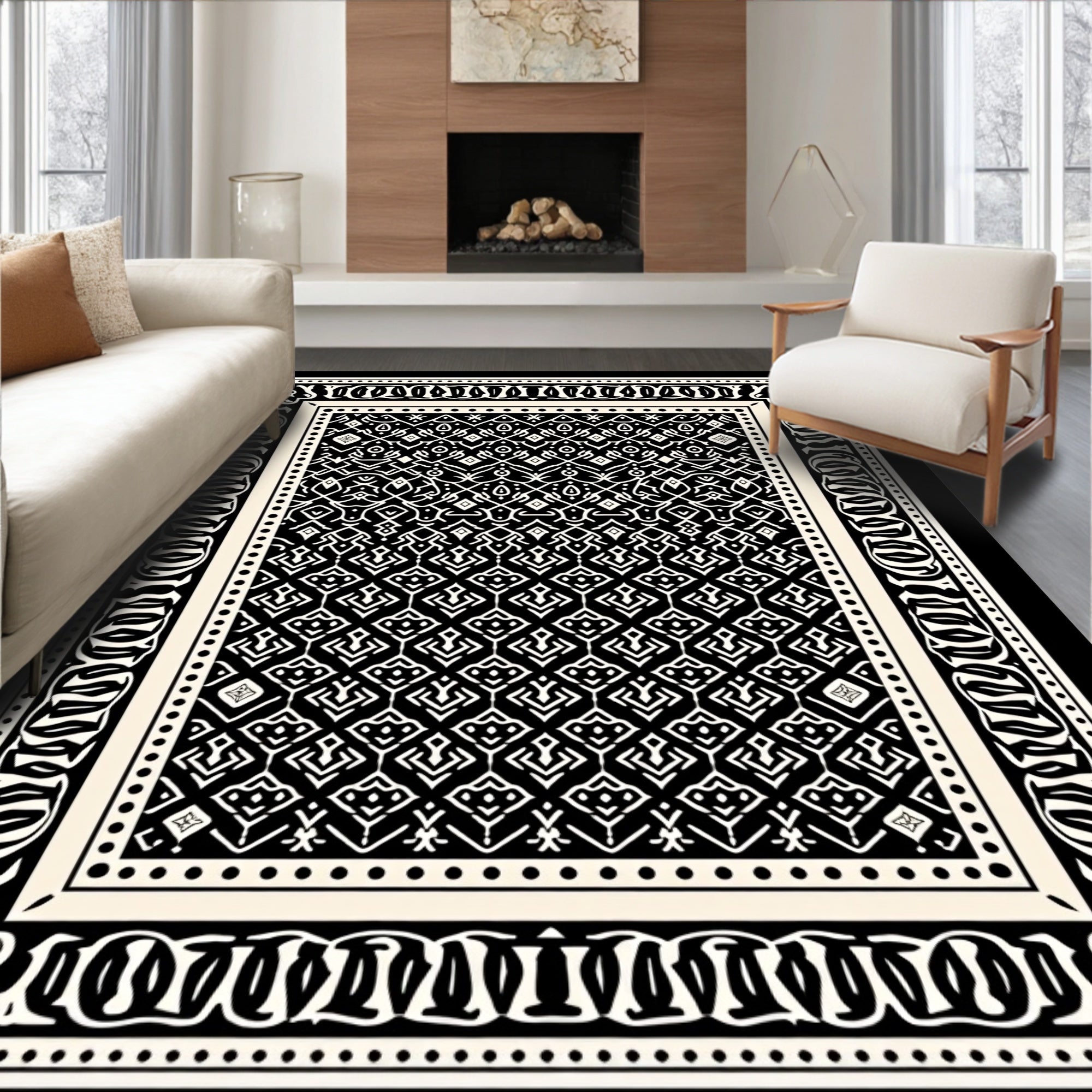 Intricate Black White Geometric Border Design Rug