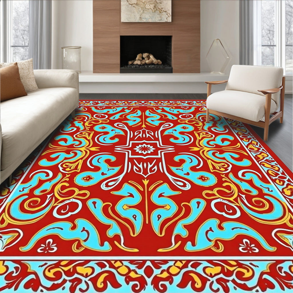 Red Blue Gold Floral Pattern Rug
