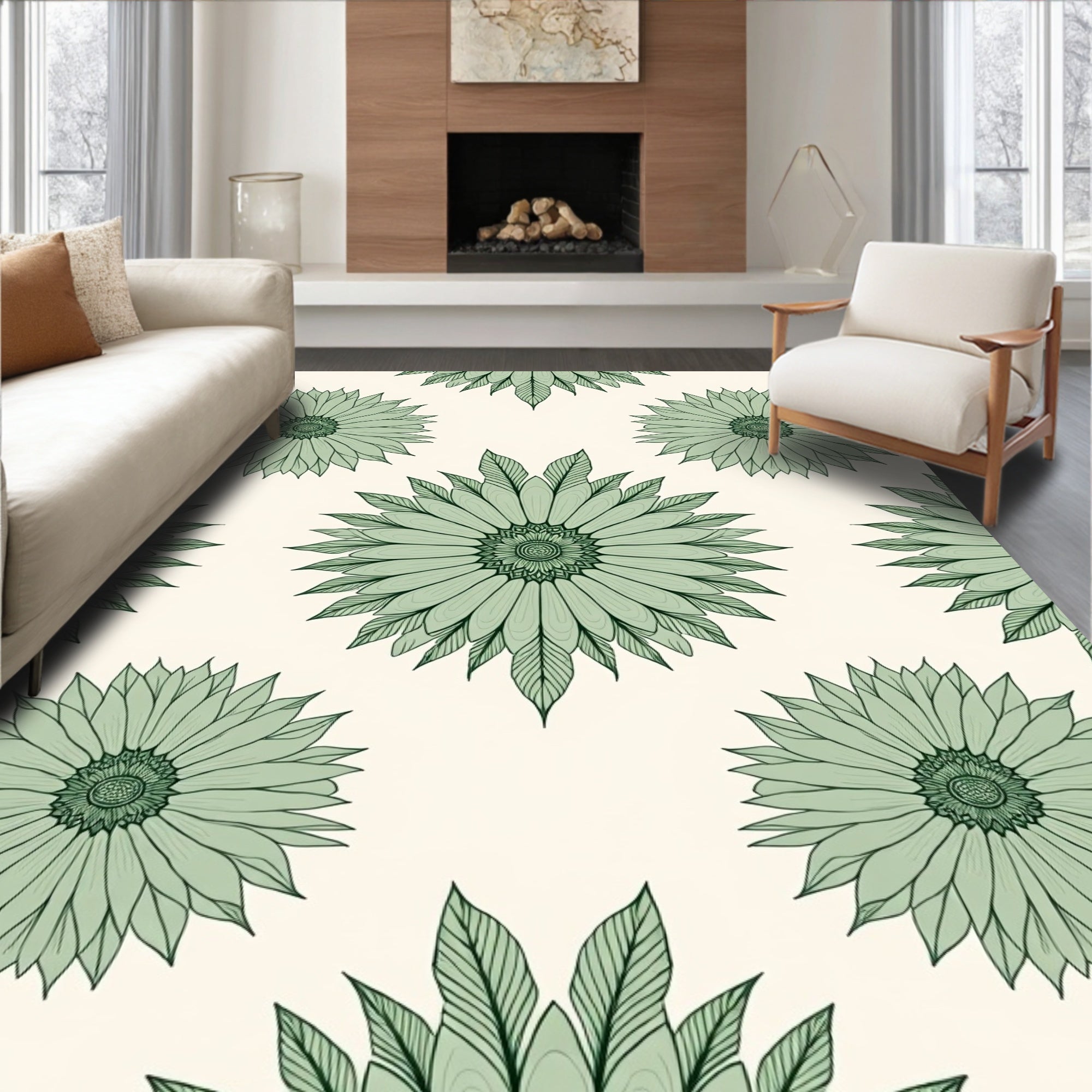 Sage Green Floral Mandala Pattern Rug