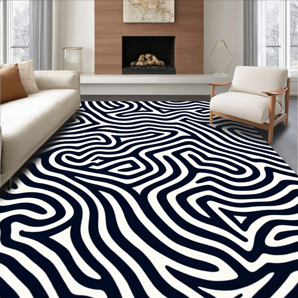 Abstract Black White Organic Lines Rug