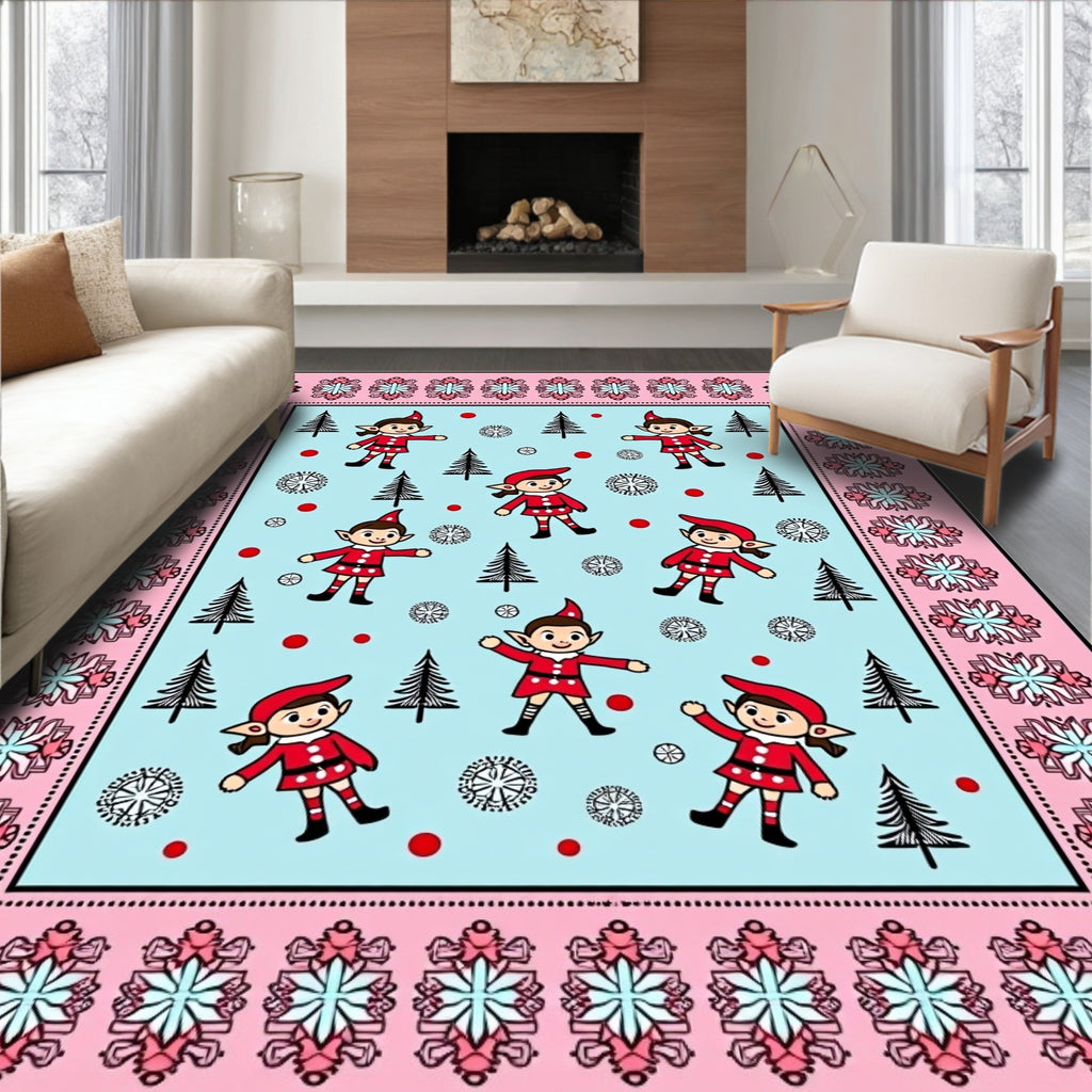 Playful Elf And Tree Snow Border Rug
