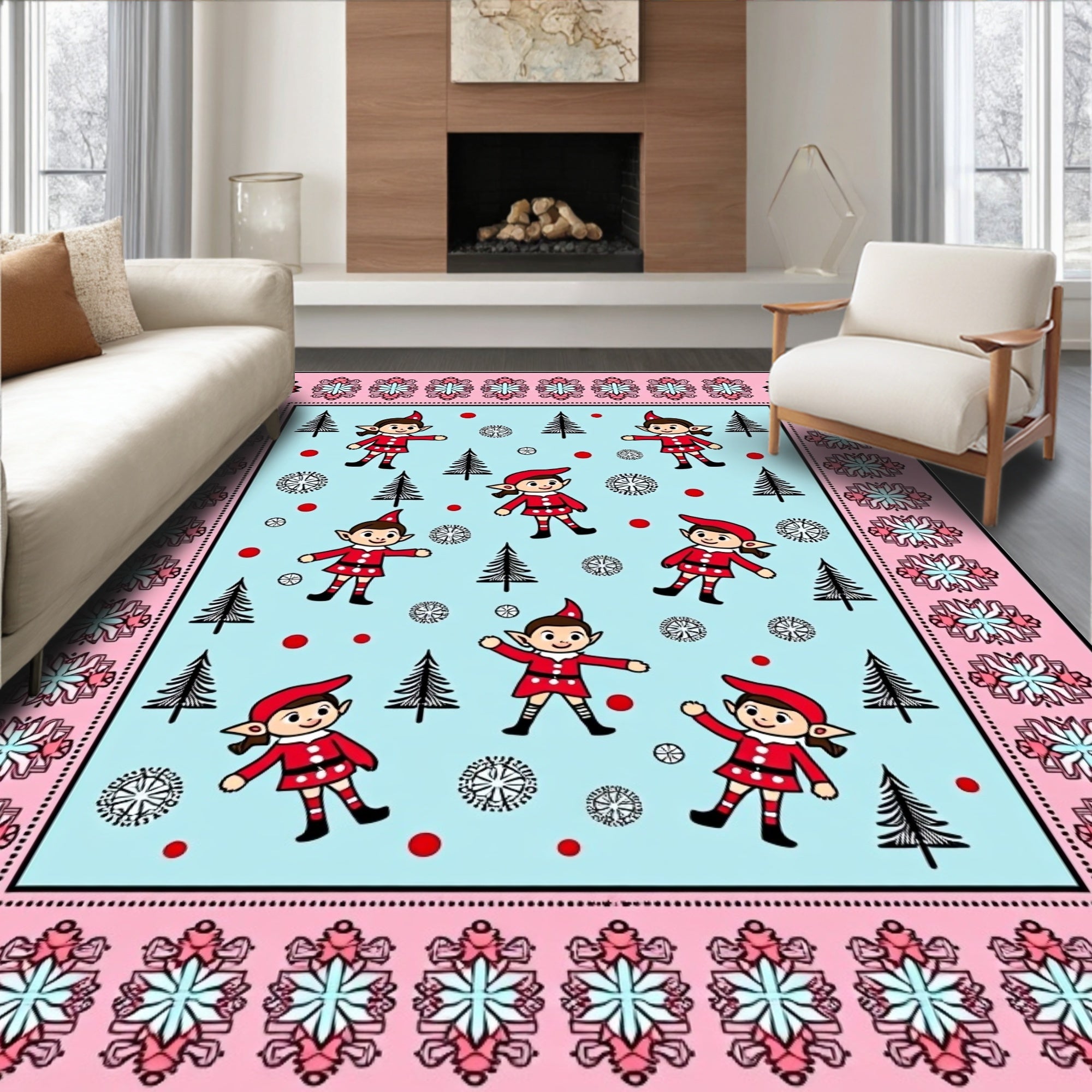 Playful Elf And Tree Snow Border Rug