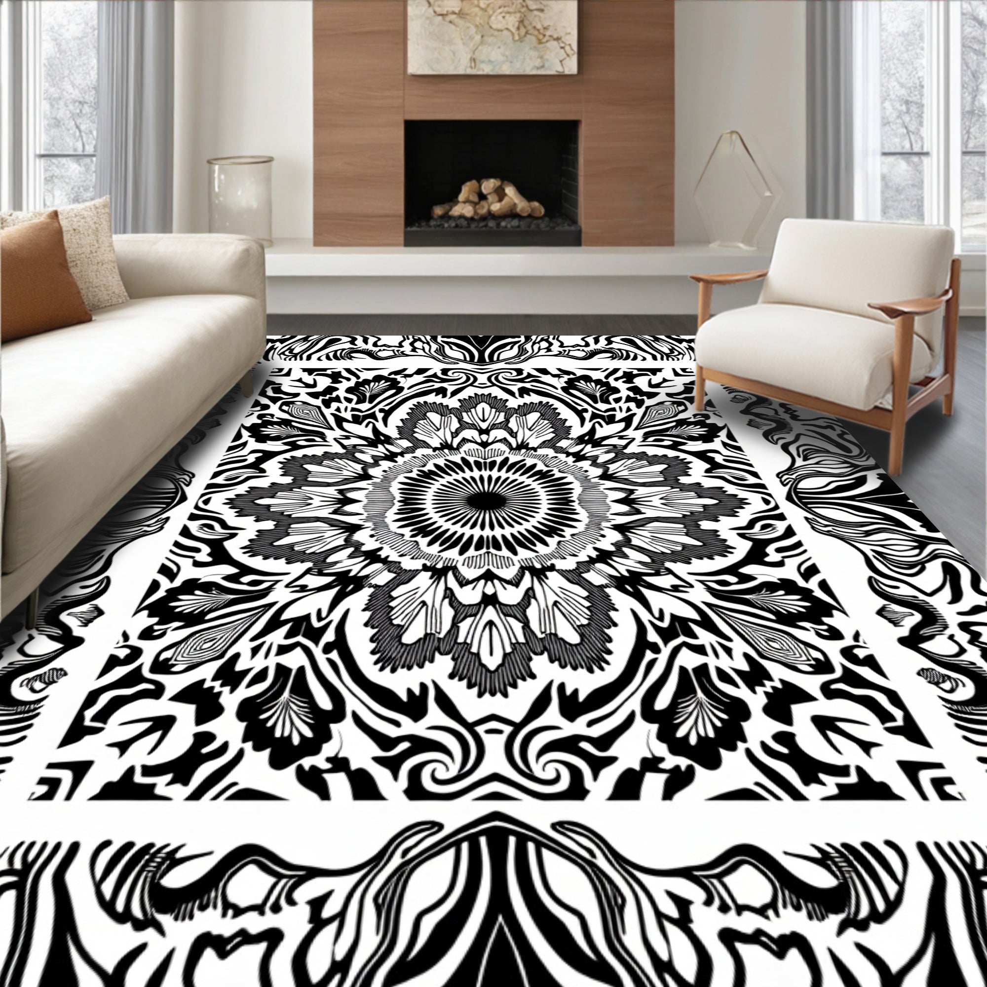 Black White Intricate Floral Mandala Pattern Rug