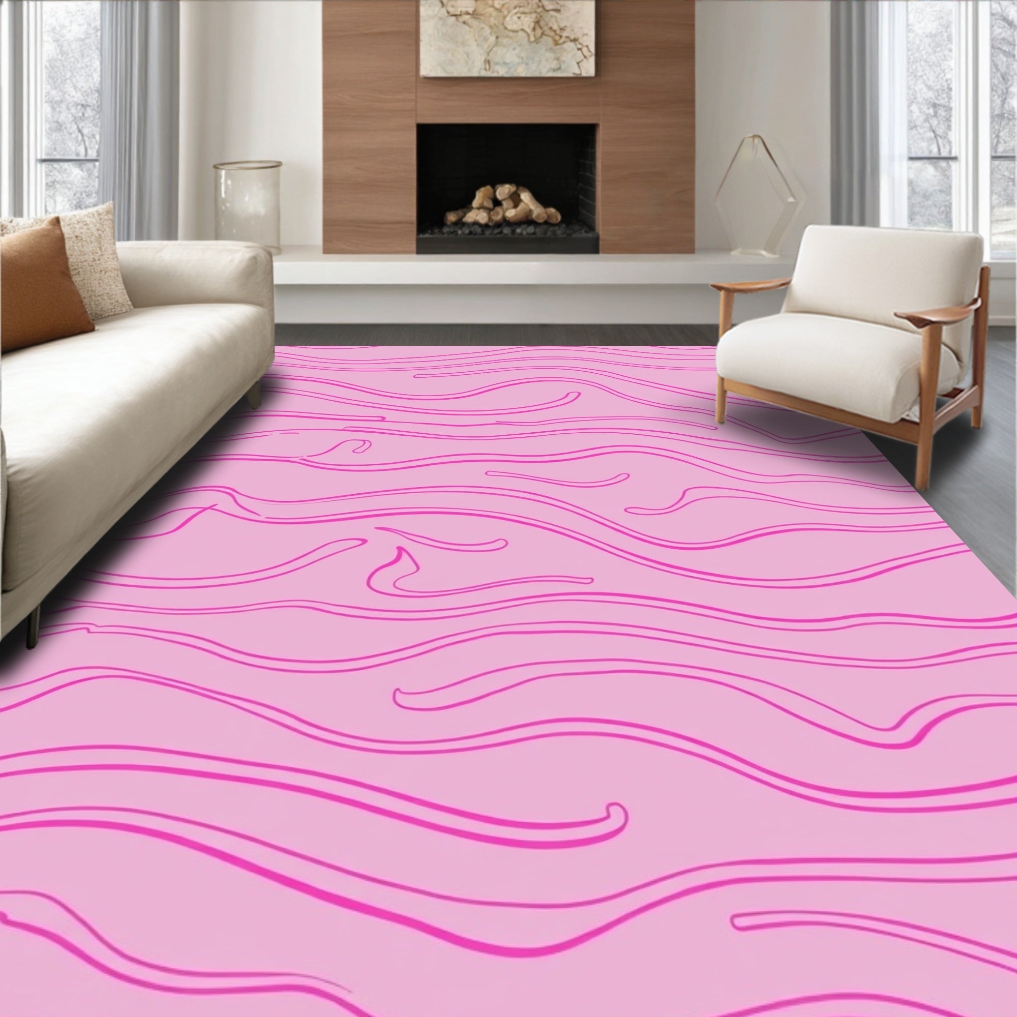 Pink Abstract Wavy Lines Design Rug