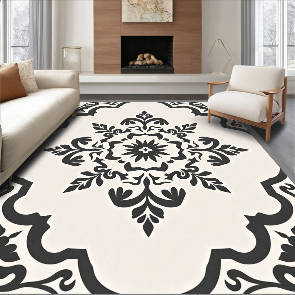 Monochromatic Ornate Floral Mandala Pattern Rug