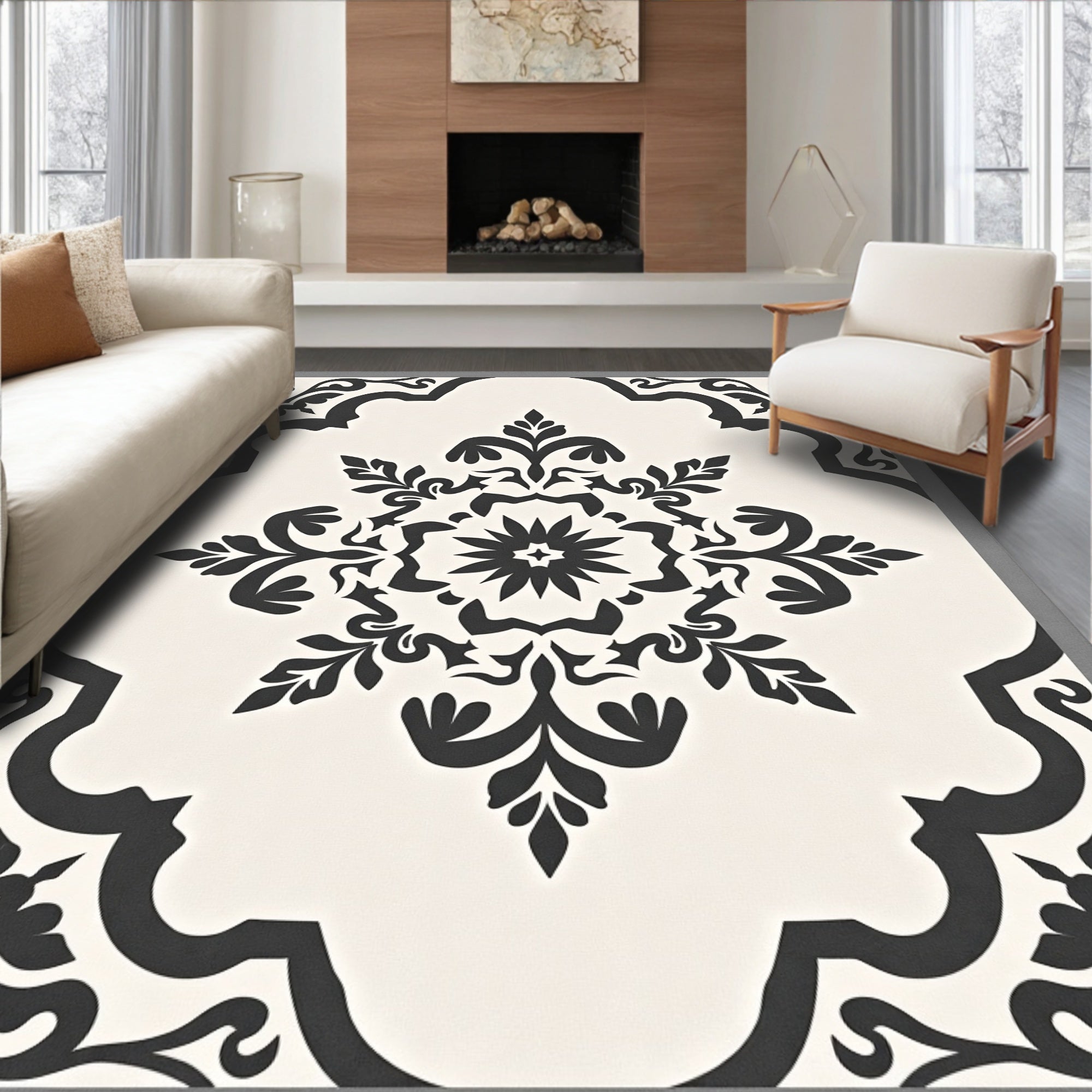 Monochromatic Ornate Floral Mandala Pattern Rug