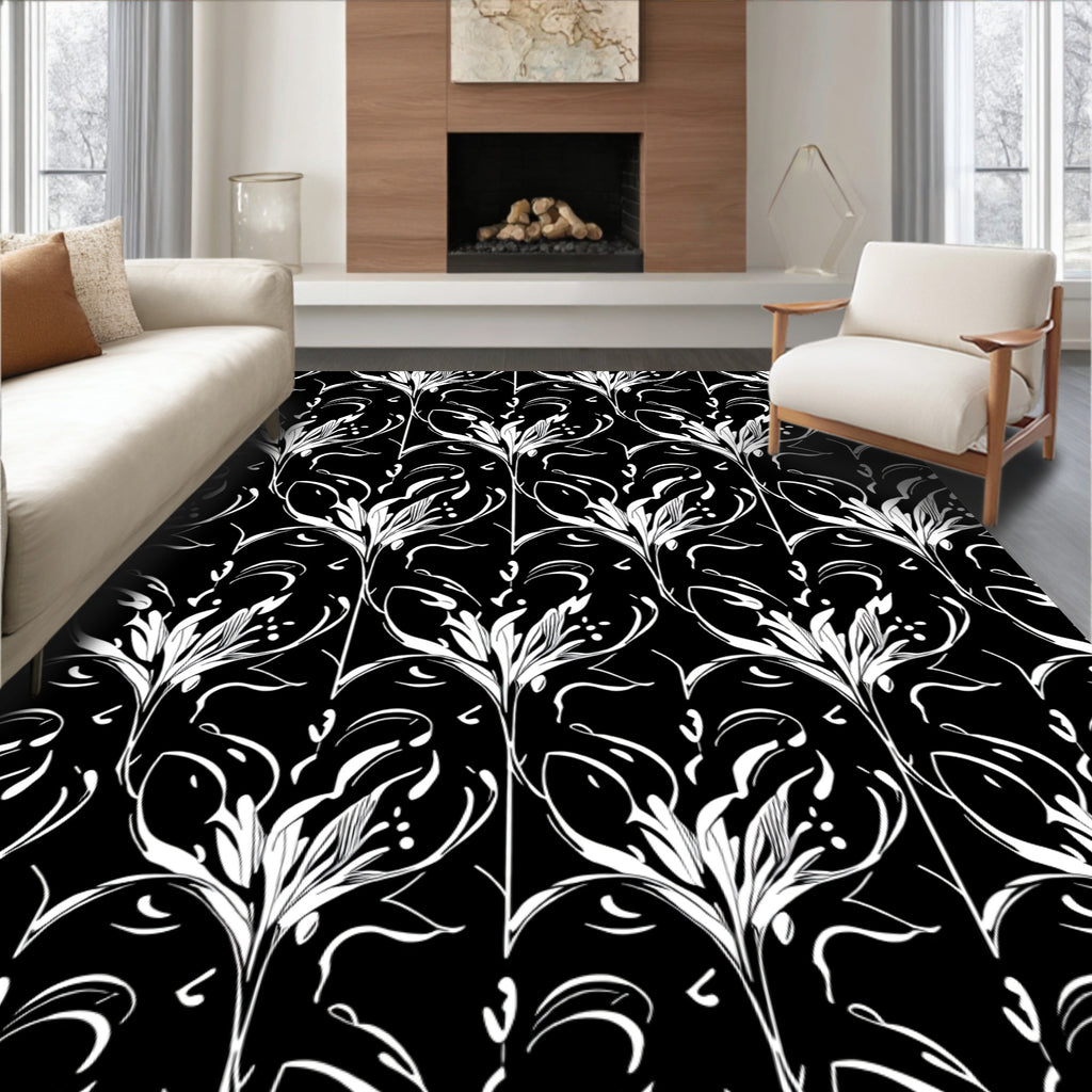Classic Floral Scroll In Black And White Rug