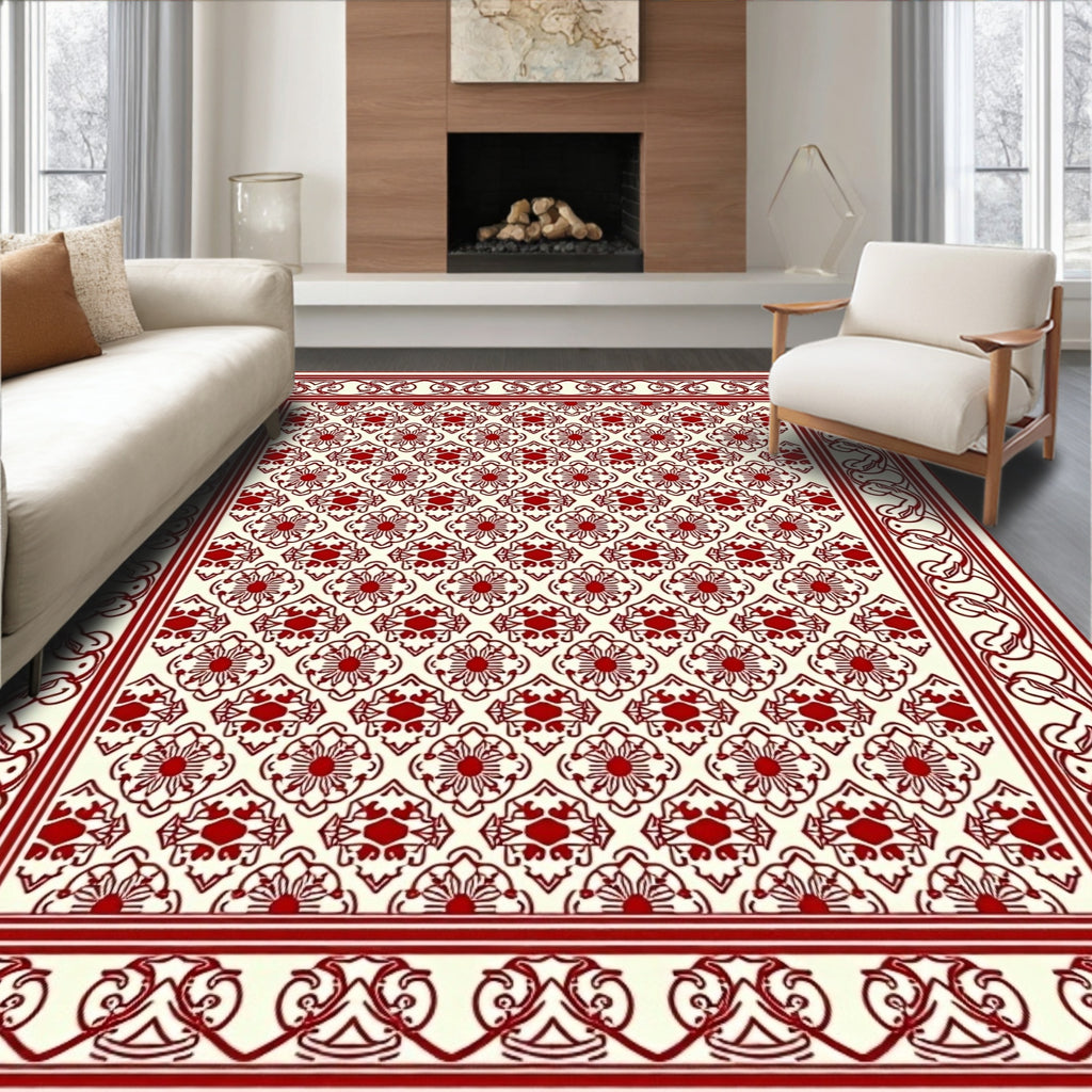 Red Floral Medallion Traditional Border Rug