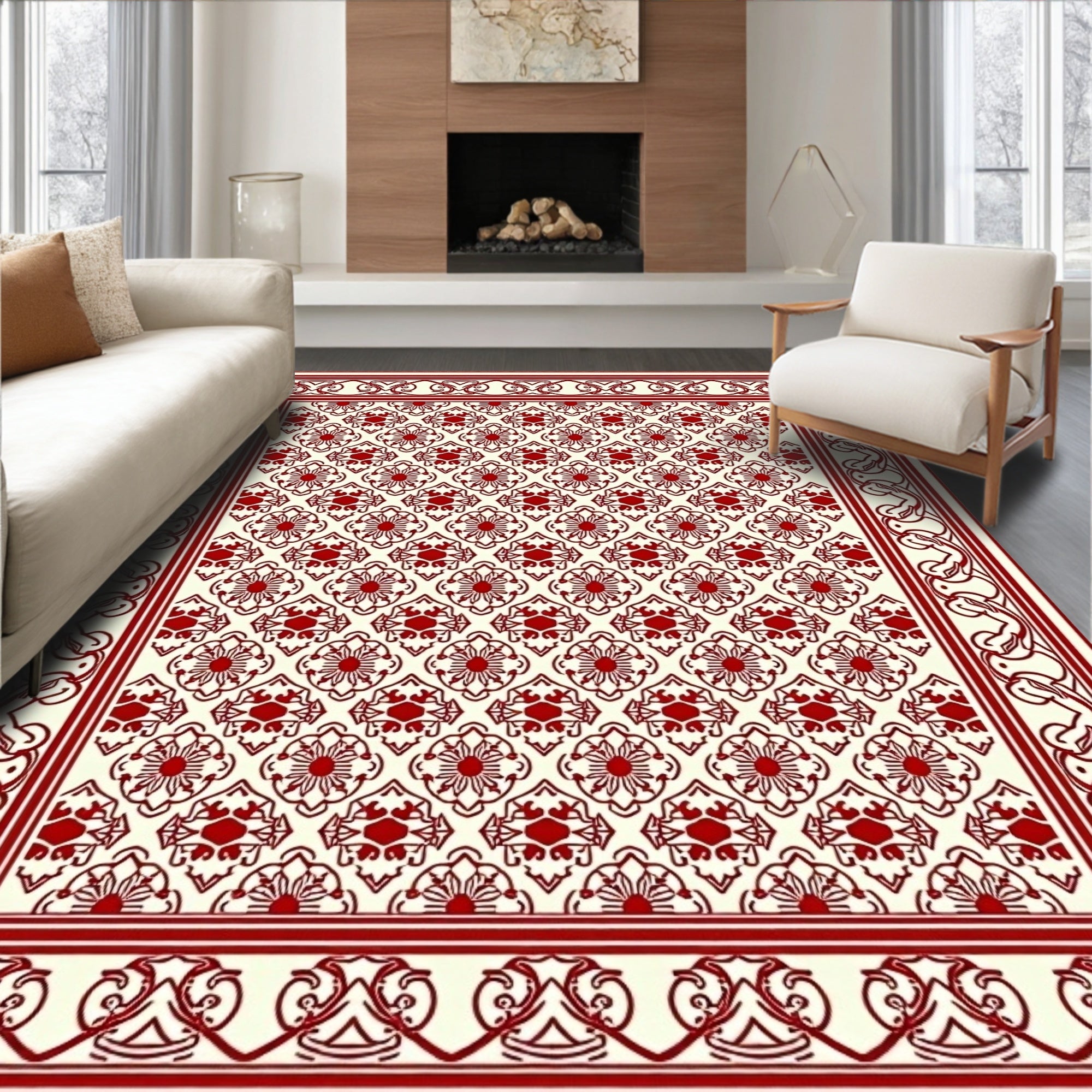 Red Floral Medallion Traditional Border Rug
