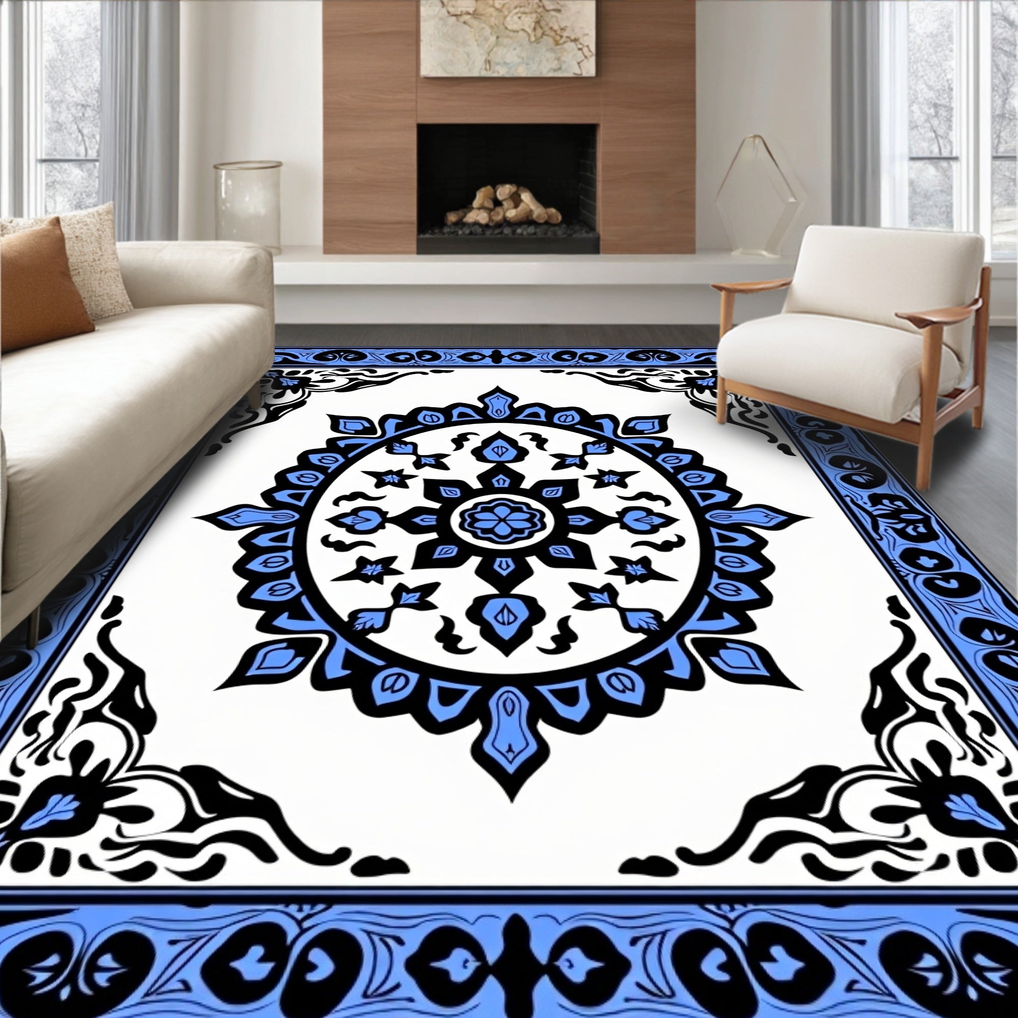Azure Black Medallion Border Rug